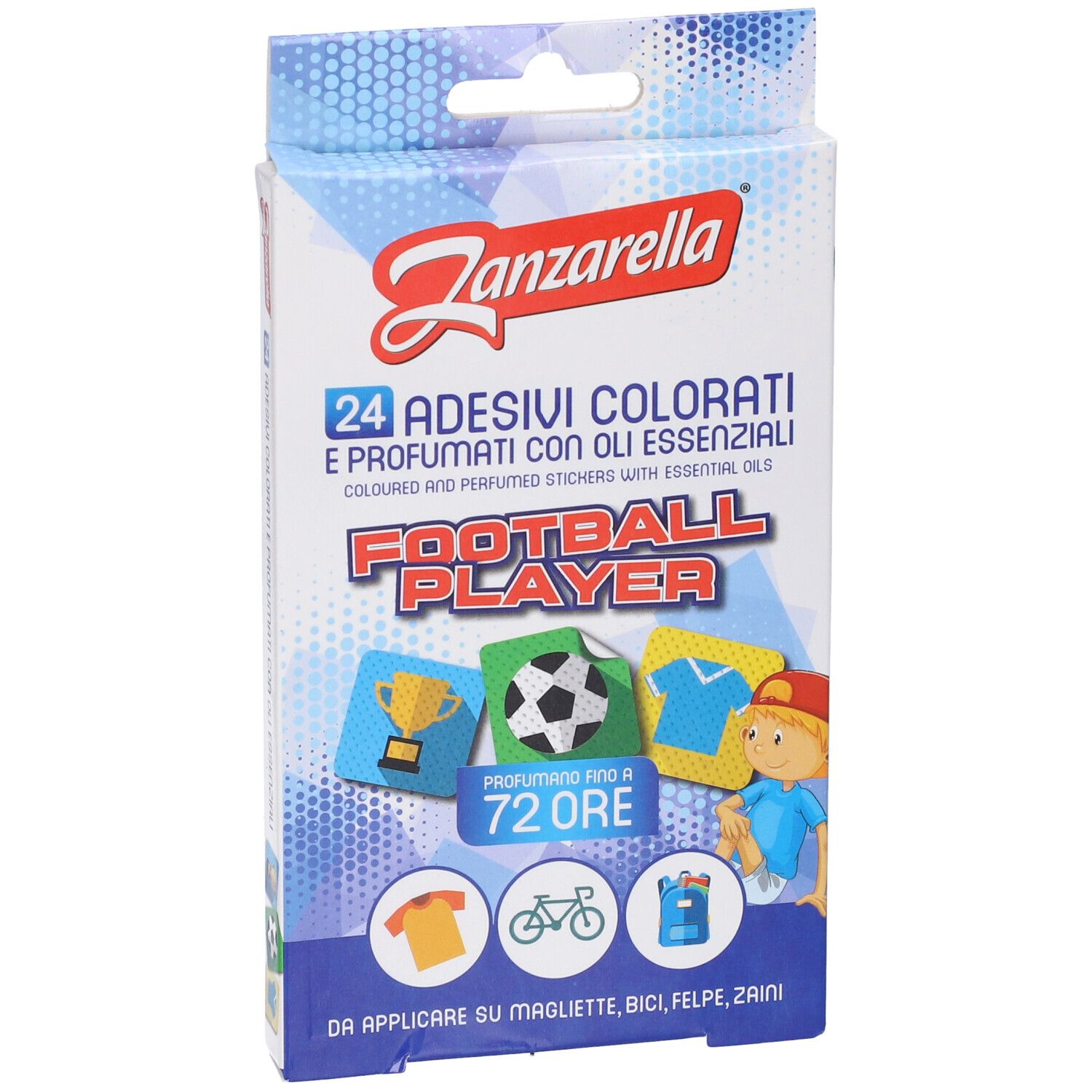 Confezione di 24 adesivi colorati e profumati. Tema: calciatore. Contiene oli essenziali. Marca: Zanzarella.