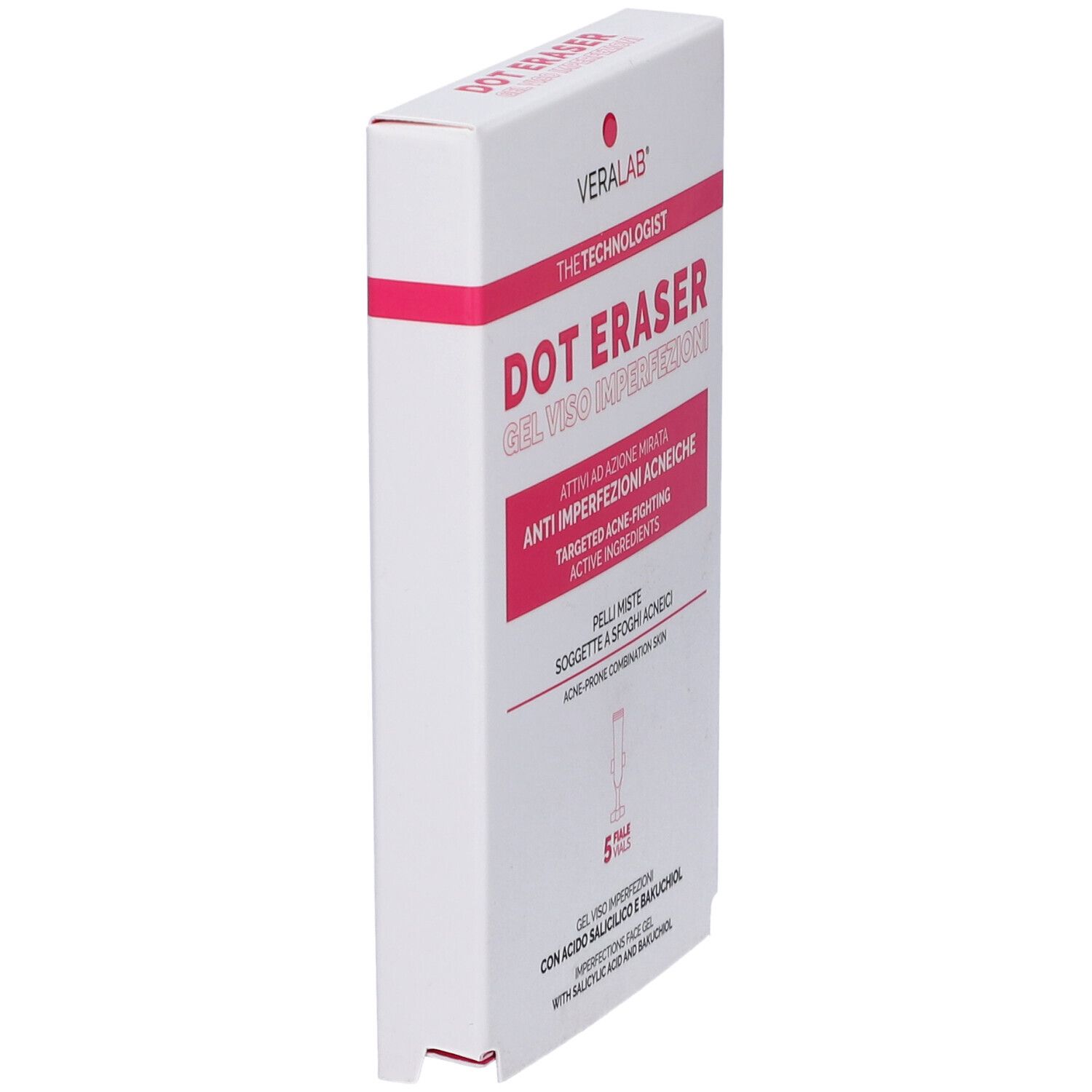 Vista laterale della confezione Veralab Dot Eraser. Bianca con testo rosa. Testo: Dot Eraser, 5 Fiale.