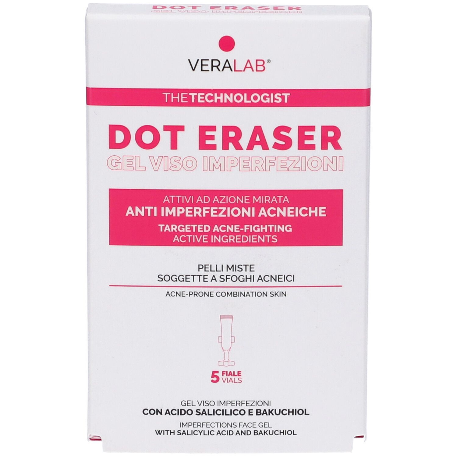 Confezione Veralab Dot Eraser. Bianca con testo rosa. Testo: Dot Eraser, Gel Viso Imperfezioni, 5 Fiale.