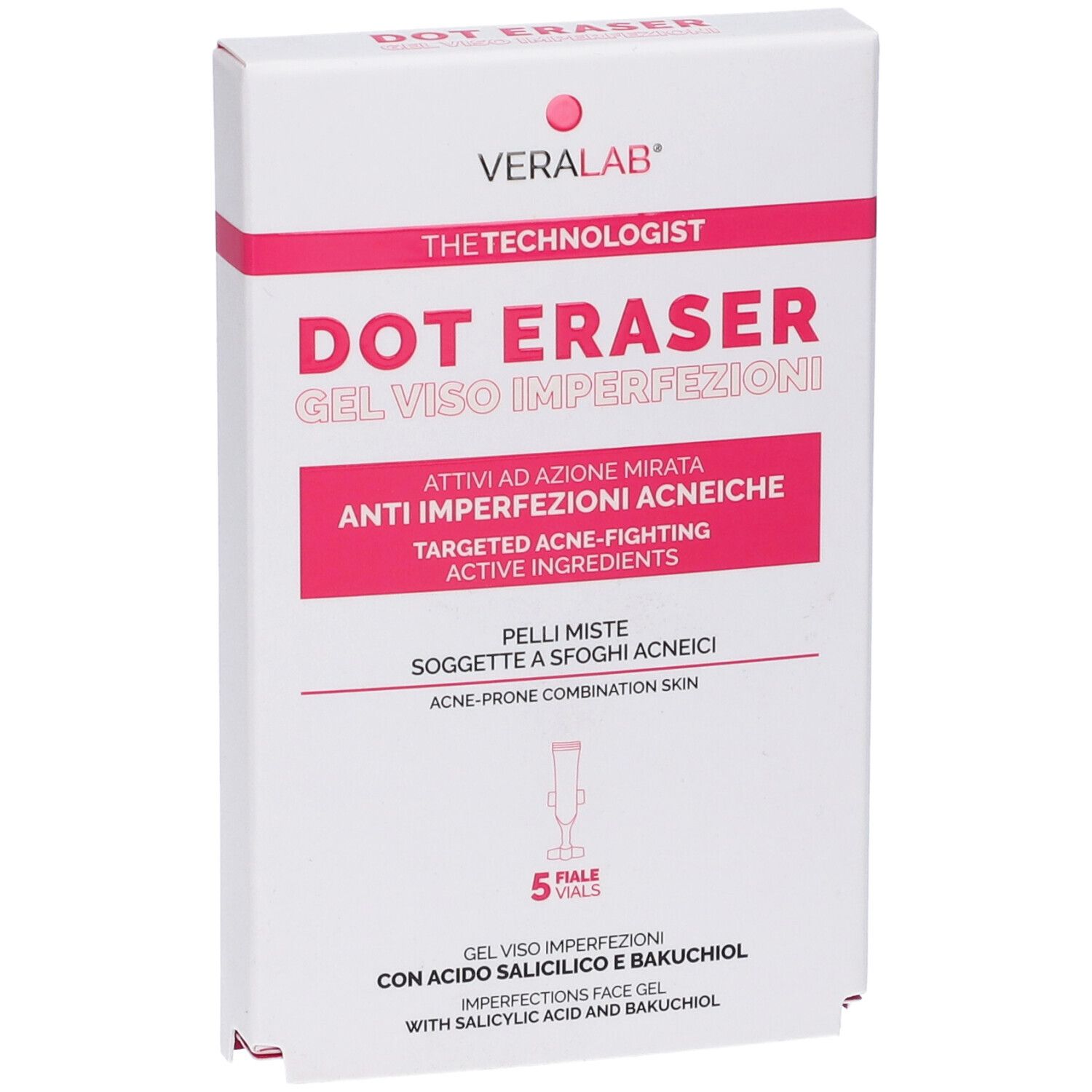 Confezione Veralab Dot Eraser. Bianca con testo rosa. Testo: Dot Eraser, Gel Viso Imperfezioni, 5 Fiale.
