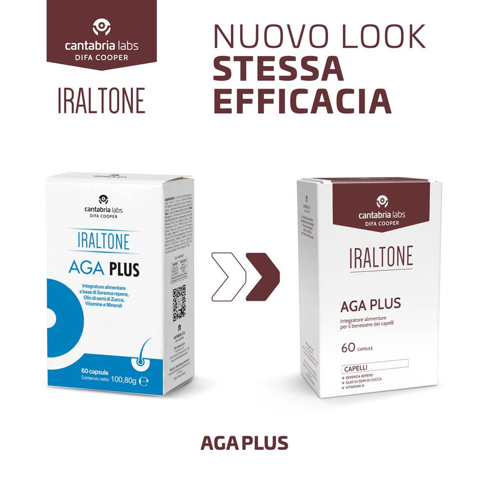 Due confezioni di Iraltone AGA PLUS, una versione precedente e una nuova, entrambe da 60 capsule.