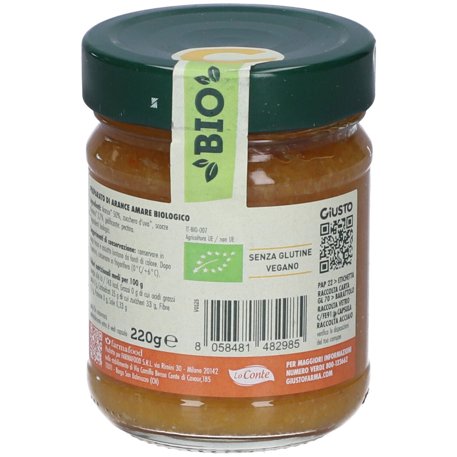 Retro di un vasetto Giusto Solo Frutta confettura arance amare, 220g, sigillo bio.