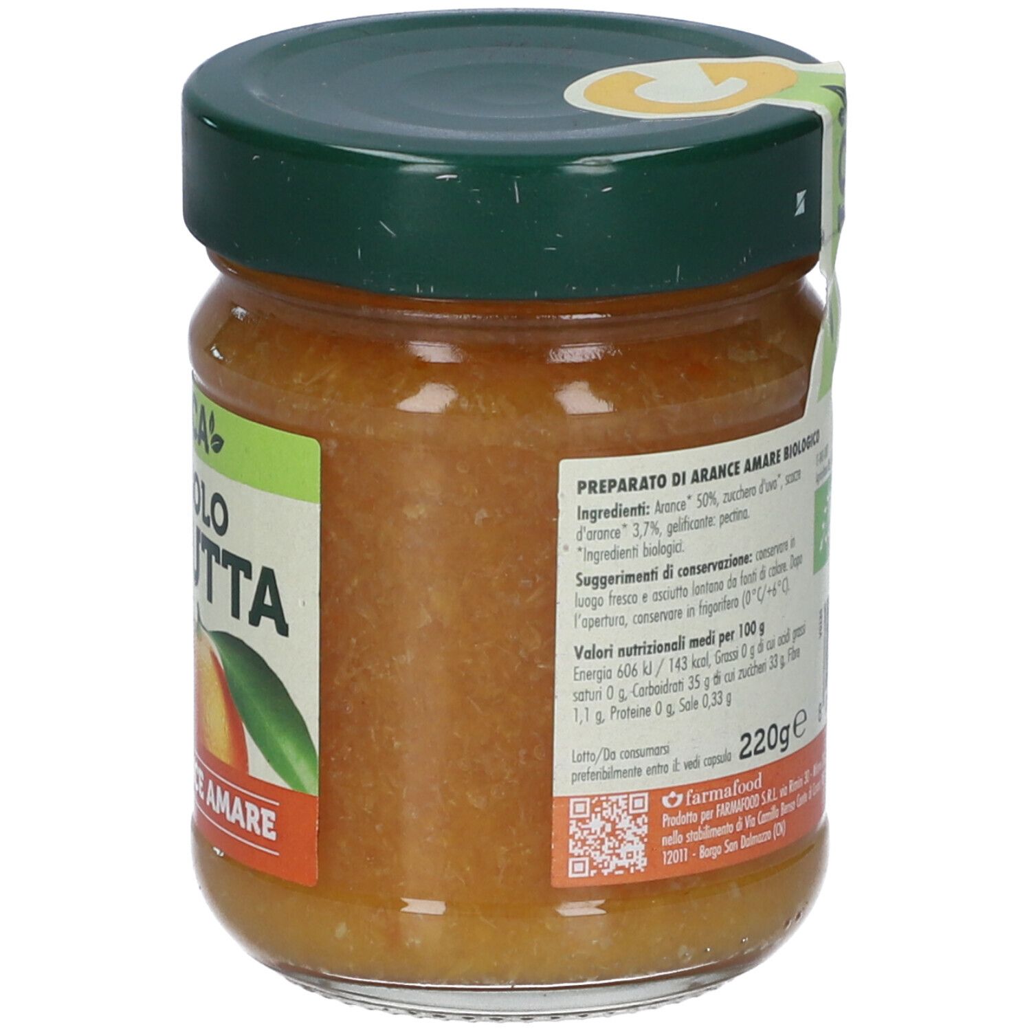 Retro di un vasetto Giusto Solo Frutta confettura arance amare, 220g, sigillo bio.