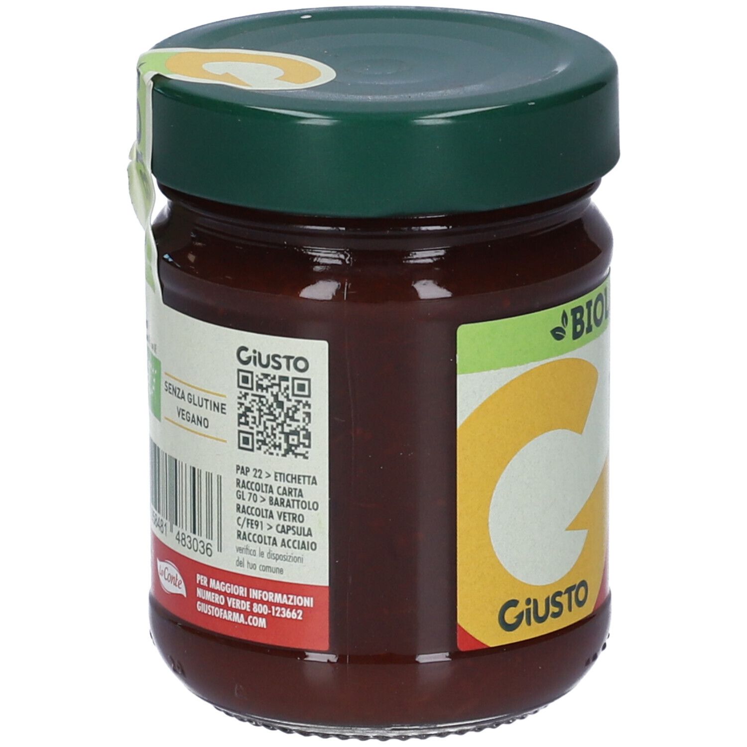 Retro del vasetto di confettura Giusto Solo Frutta. Testo, codice QR e coperchio verde.