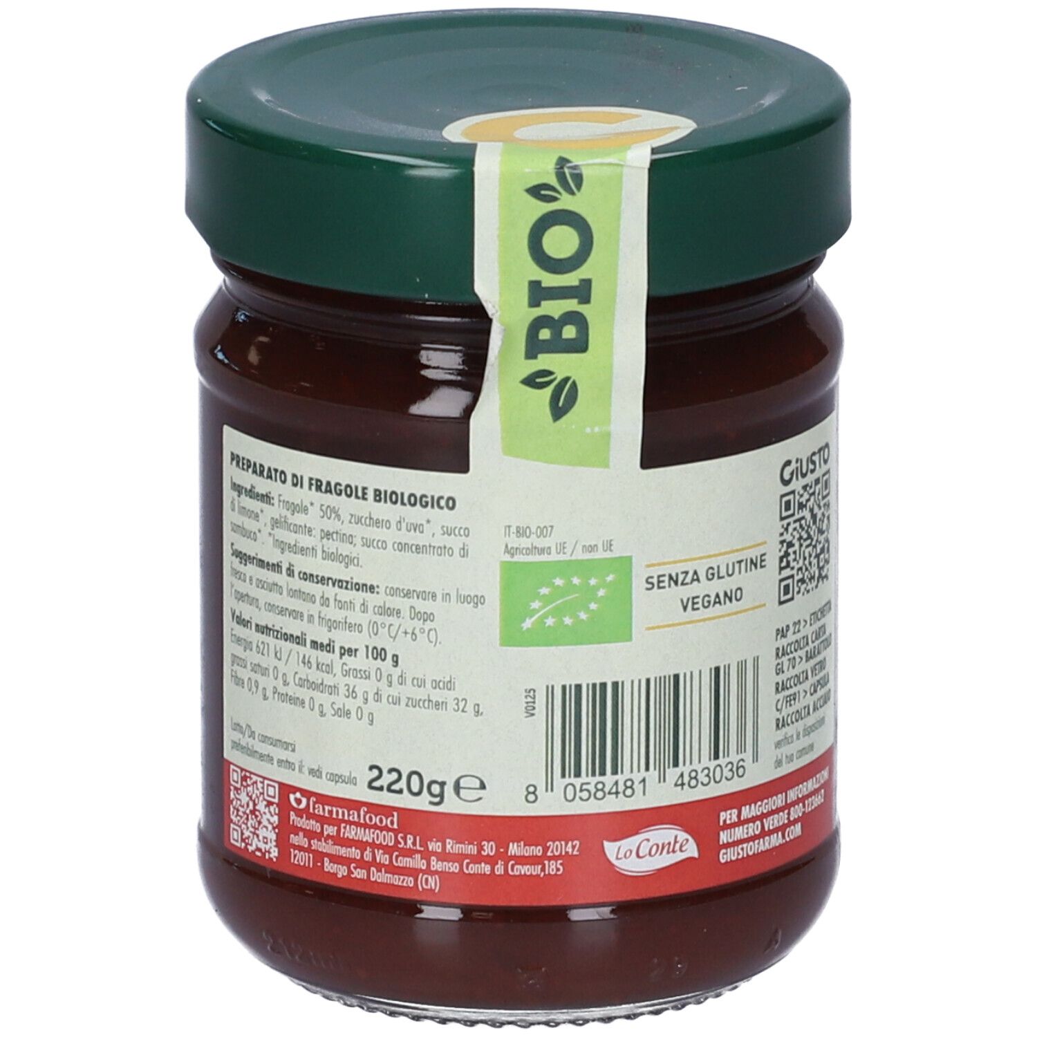 Retro del vasetto di confettura Giusto Solo Frutta. Testo, ingredienti e coperchio verde.