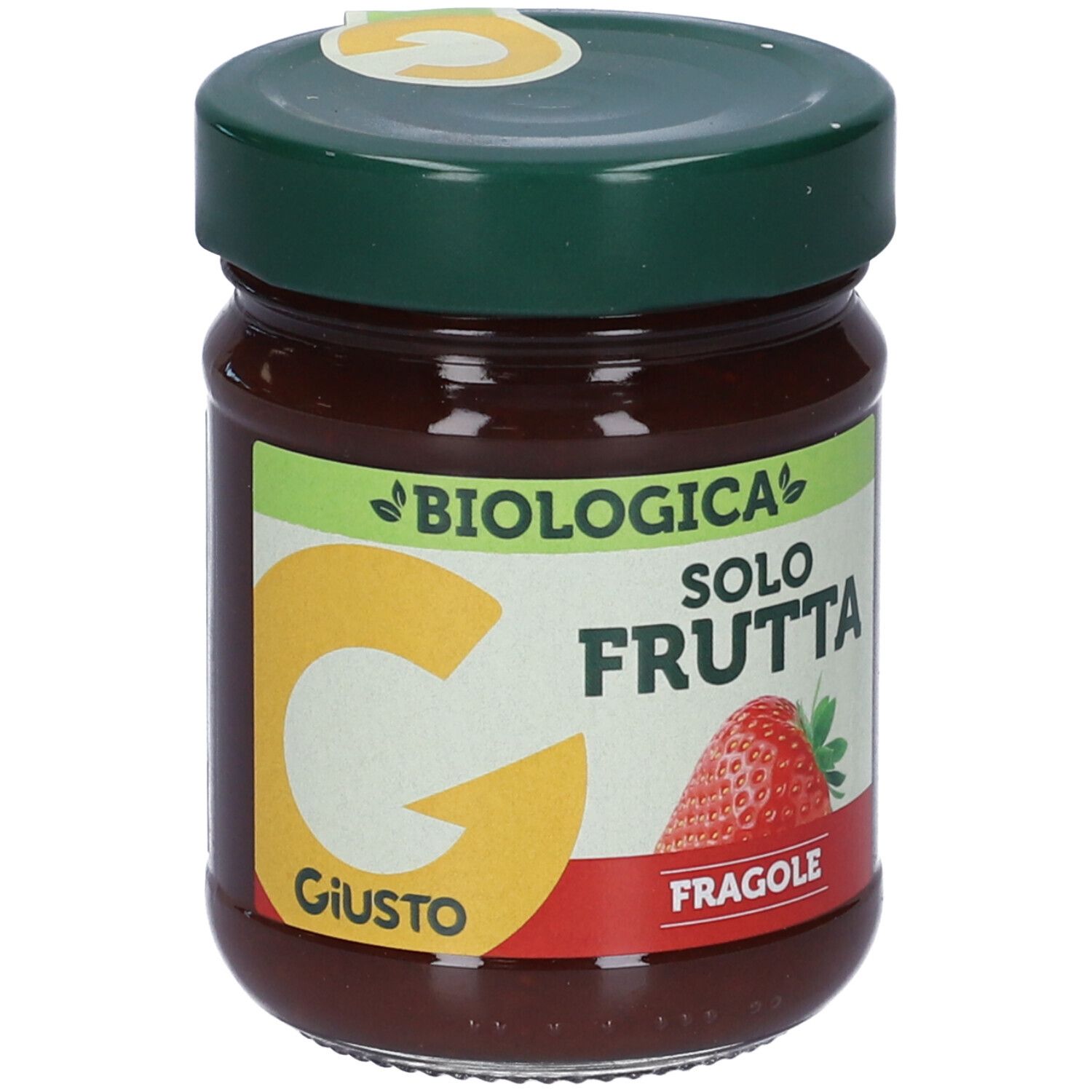 Vasetto di confettura Giusto Solo Frutta. Etichetta con testo e fragola. Coperchio verde.