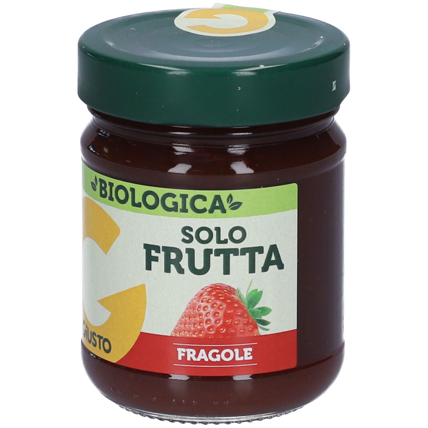 Vasetto di confettura Giusto Solo Frutta. Etichetta con testo e fragola. Coperchio verde.
