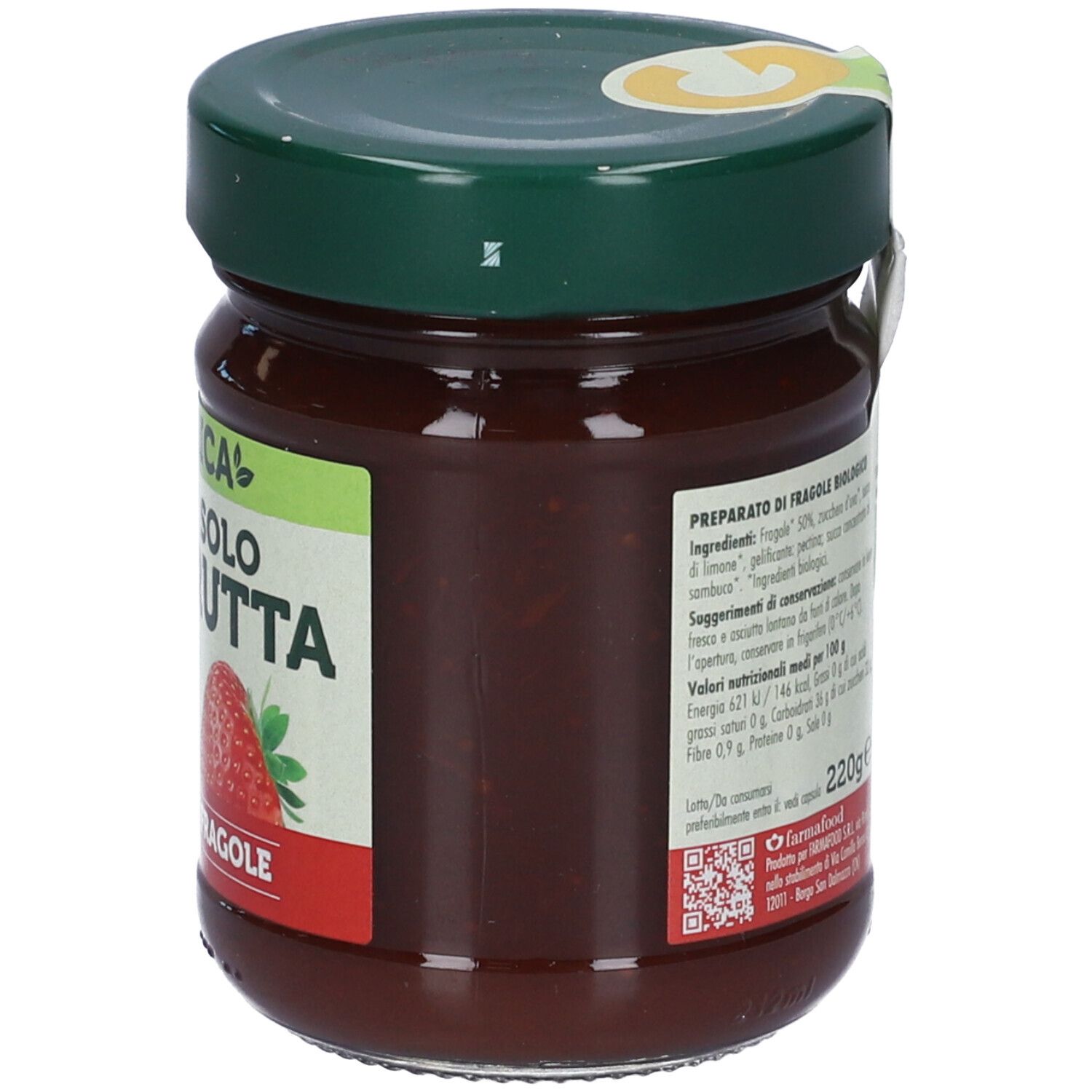 Retro del vasetto di confettura Giusto Solo Frutta. Testo, ingredienti e coperchio verde.