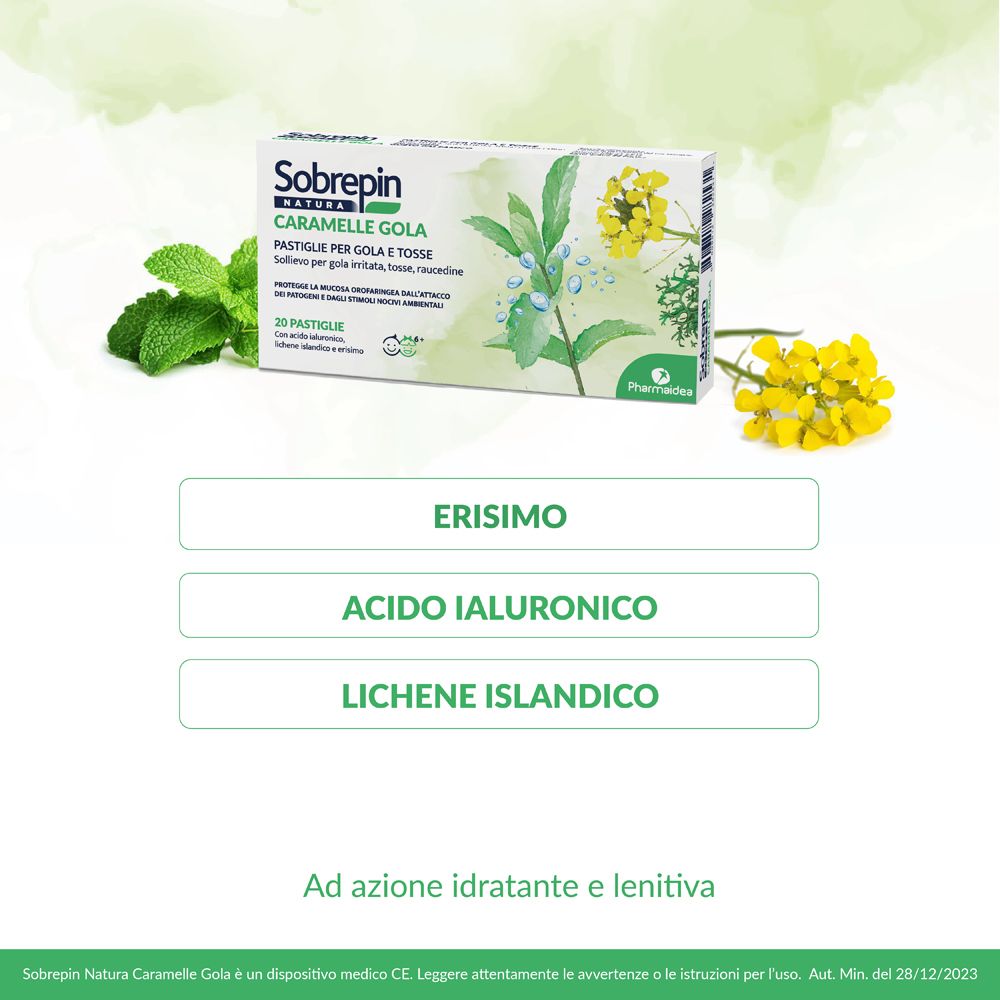 Scatola di pastiglie Sobrepin Natura Caramelle Gola E Tosse. 20 pastiglie, gusto balsamico. Ingredienti.