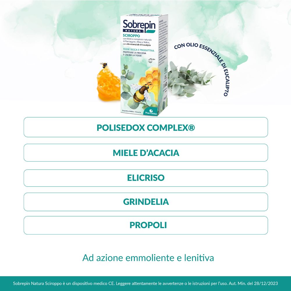 Infografica: Ingredienti di Sobrepin Natura Sciroppo. Con Polisedox Complex, miele d'acacia, elicriso, grindelia e propoli.