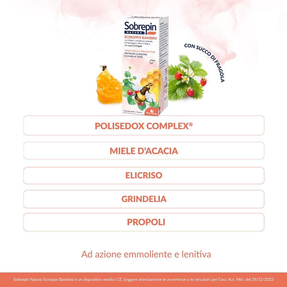 Confezione del prodotto Sobrepin Natura Sciroppo Bambini. Elenco degli ingredienti: Polisedox Complex, miele, elicriso.