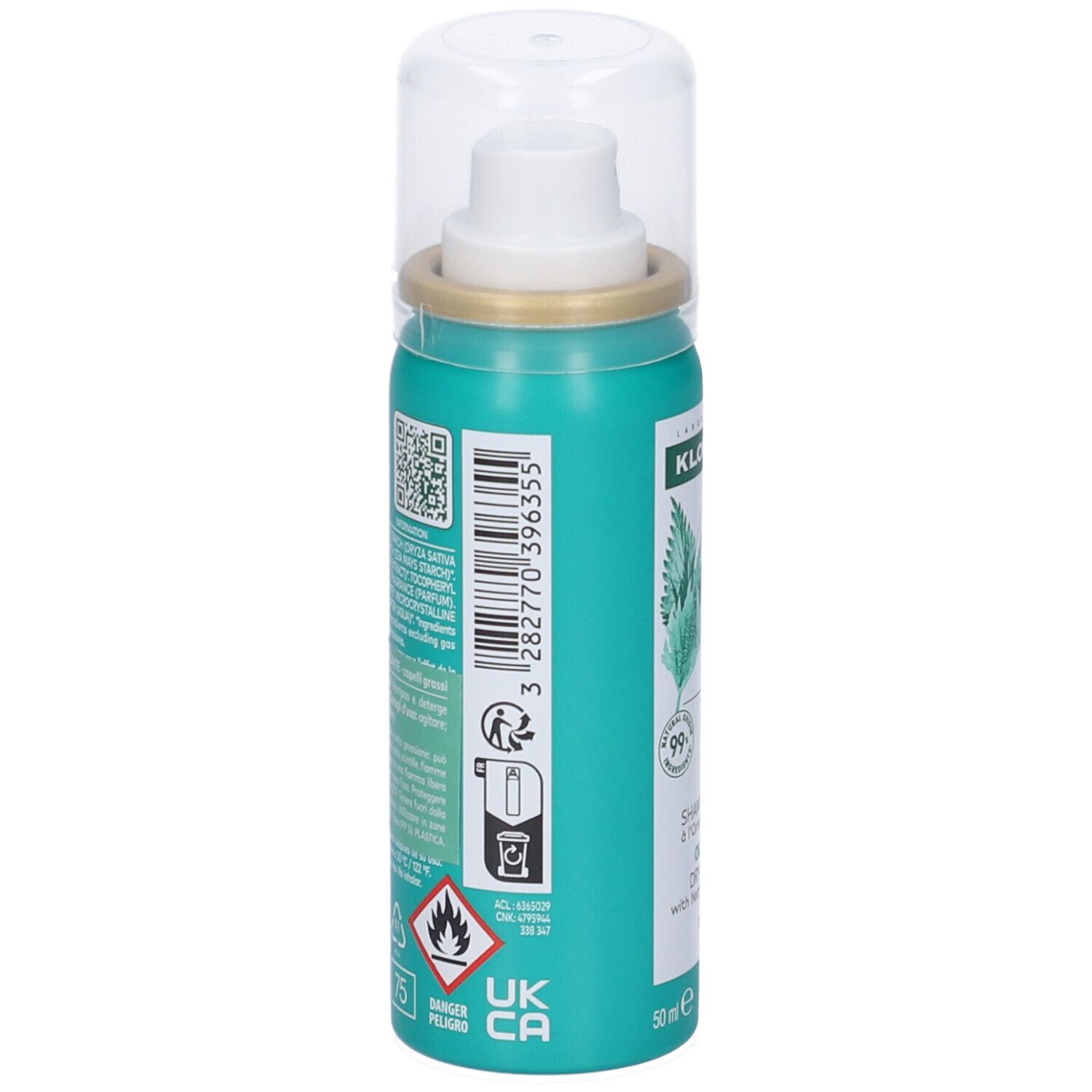 Retro del flacone di shampoo secco Klorane. Contiene informazioni, codice QR, pittogrammi e avvertenze.