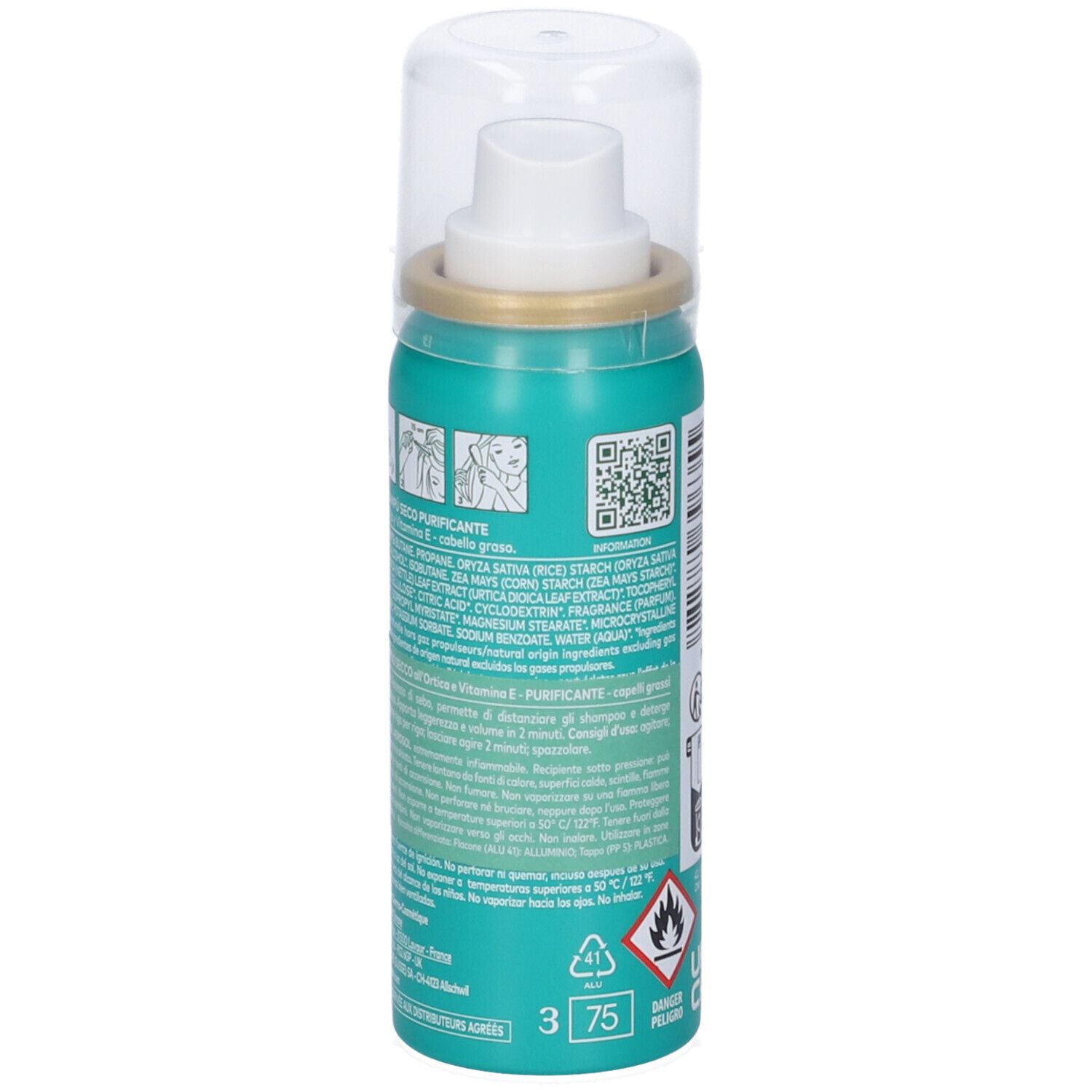 Retro del flacone di shampoo secco Klorane. Contiene ingredienti, istruzioni per l'uso e avvertenze.