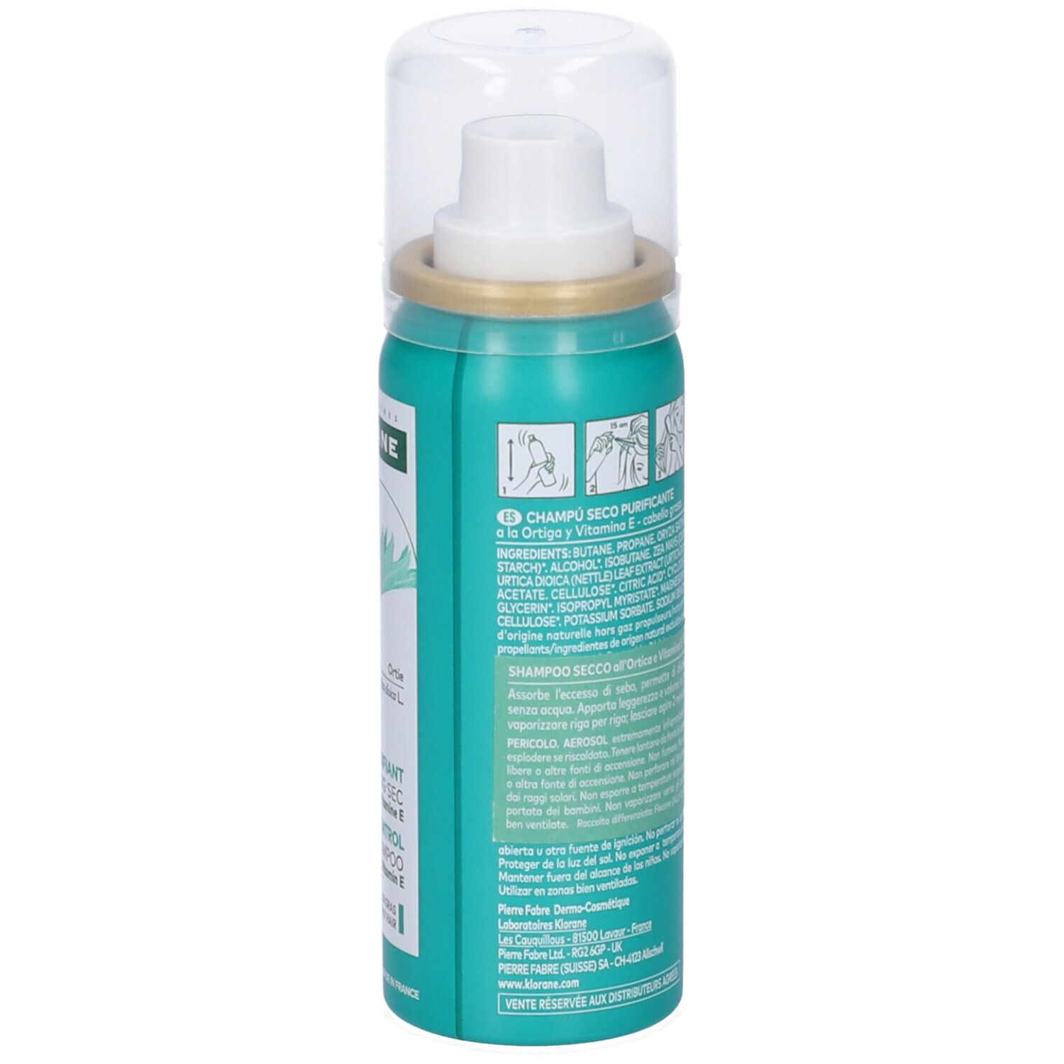 Retro del flacone di shampoo secco Klorane. Contiene informazioni, codice QR, pittogrammi e avvertenze.