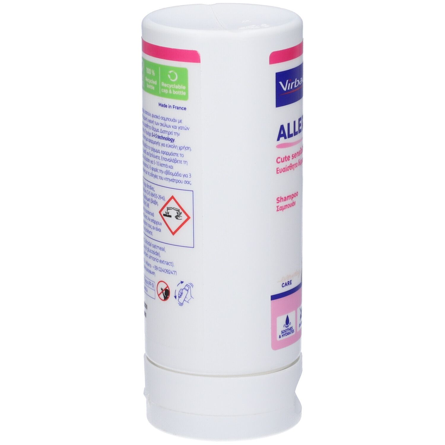 Flacone cilindrico. Retro con testo, codice QR ed eco-label. Contiene informazioni sugli ingredienti e sul produttore.