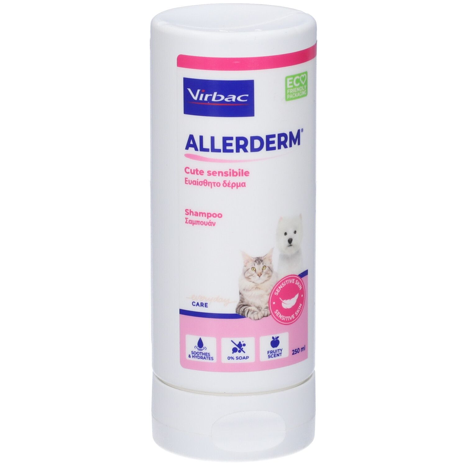 Flacone cilindrico. Fronte con nome del prodotto, logo e illustrazioni di gatto e cane. Contiene 250 ml.