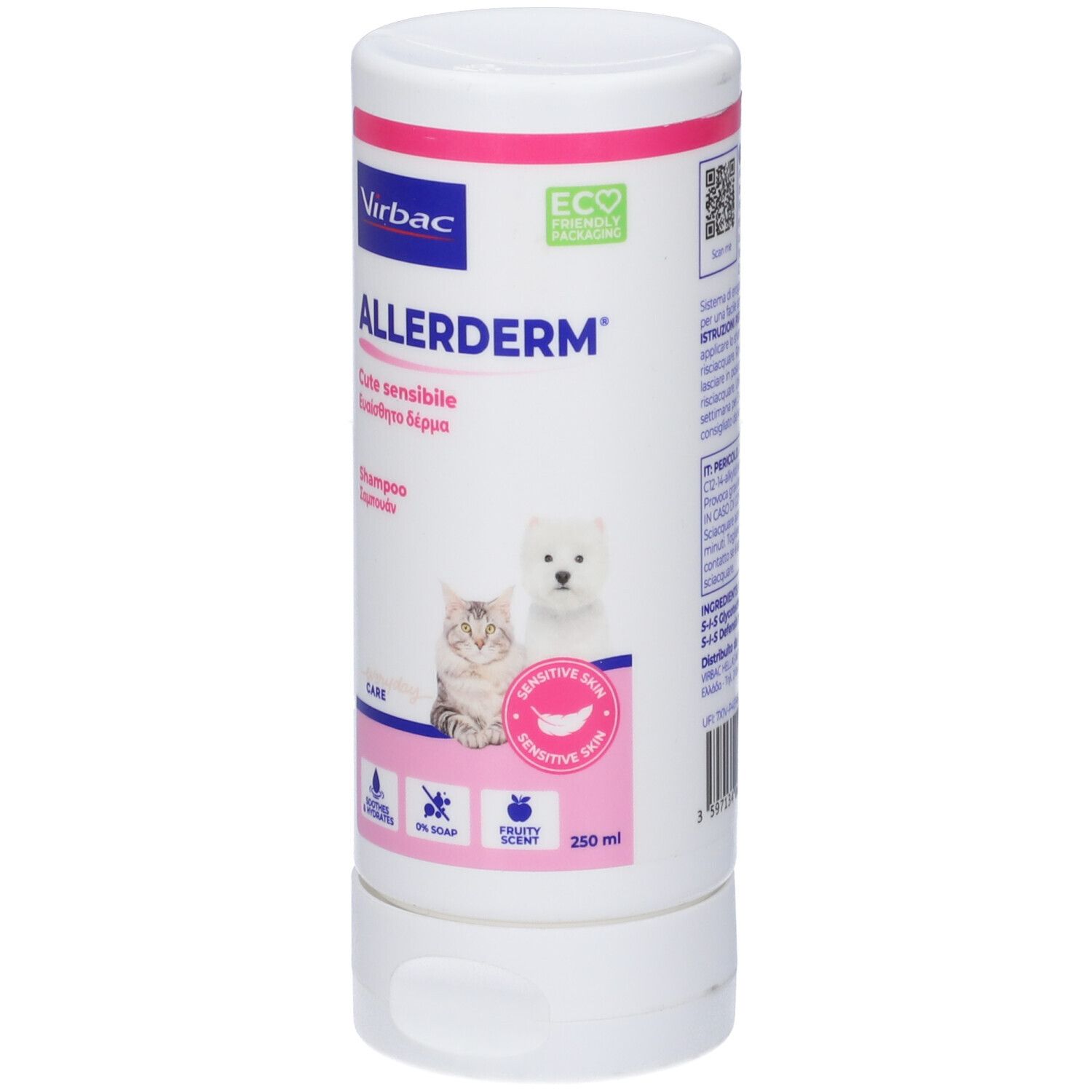 Flacone cilindrico. Fronte con nome del prodotto, logo e illustrazioni di gatto e cane. Contiene 250 ml.