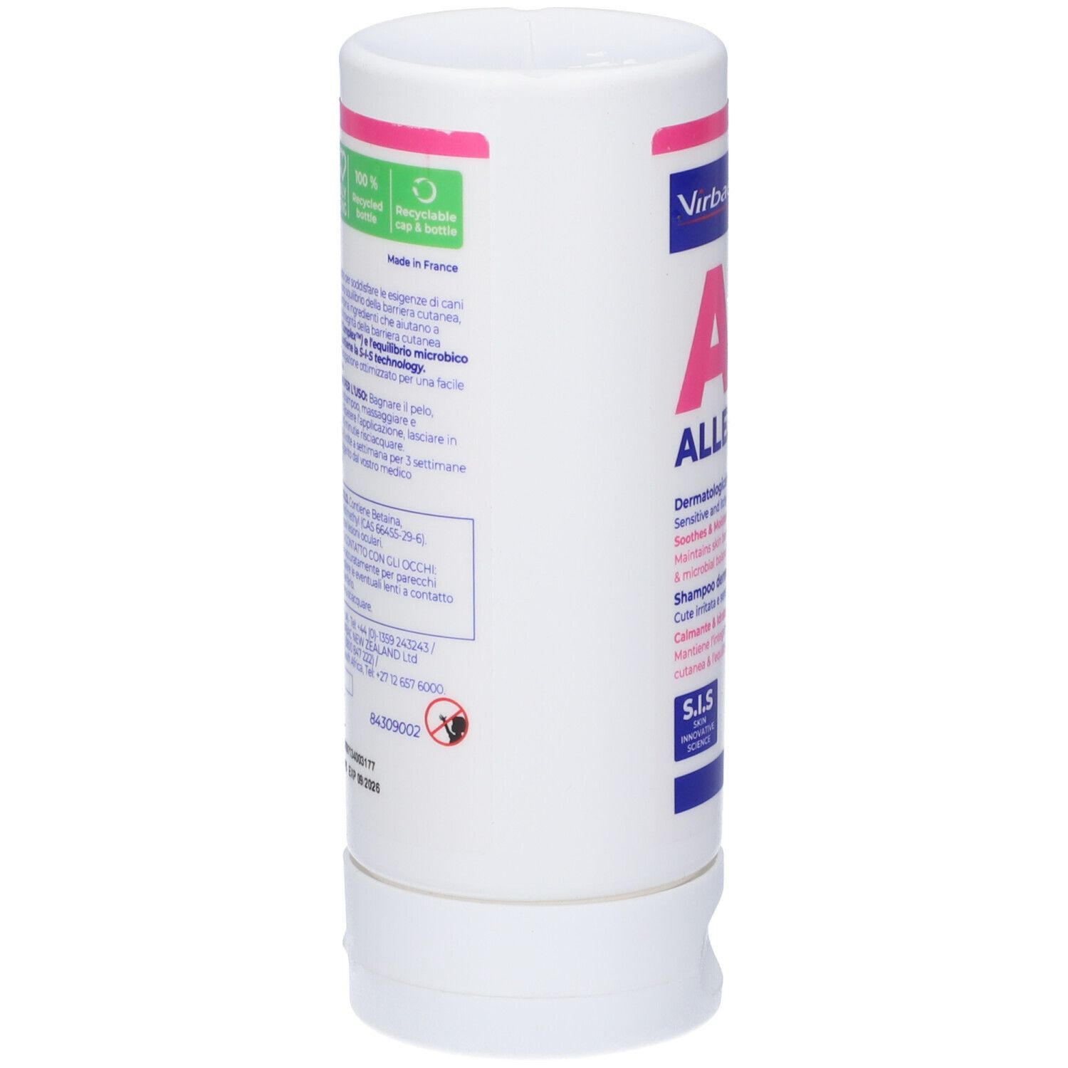 Flacone cilindrico bianco. Retro con testo e loghi. Contiene "Eco Friendly Packaging" e "Made in France".