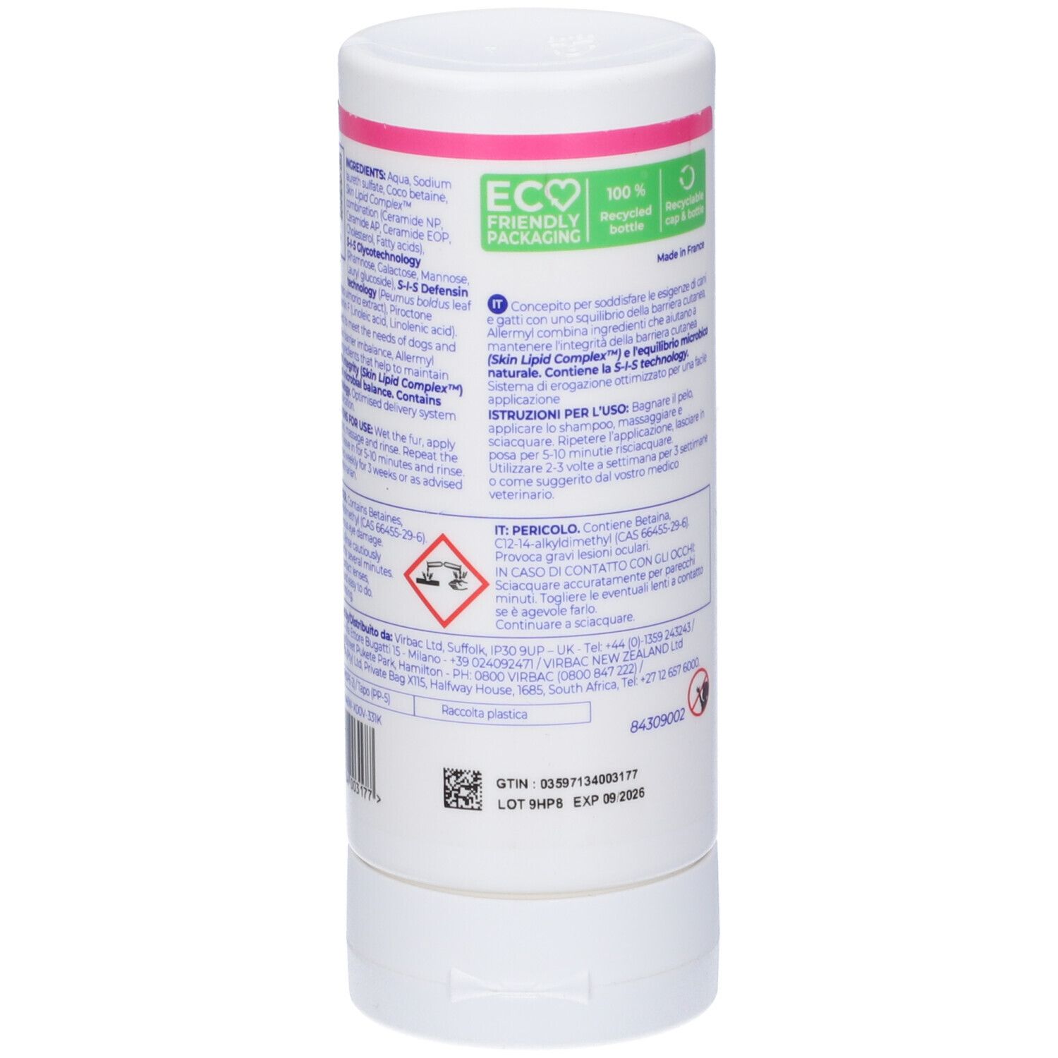 Flacone cilindrico bianco. Retro con testo, loghi e codice a barre. Contiene "Eco Friendly Packaging".