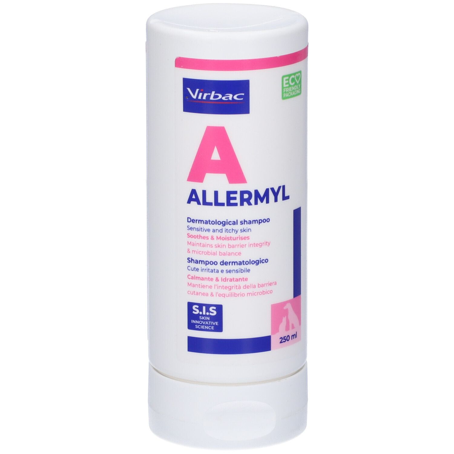 Flacone cilindrico bianco con scritte rosa e blu. Contiene "A ALLERMYL" e "250 ml".
