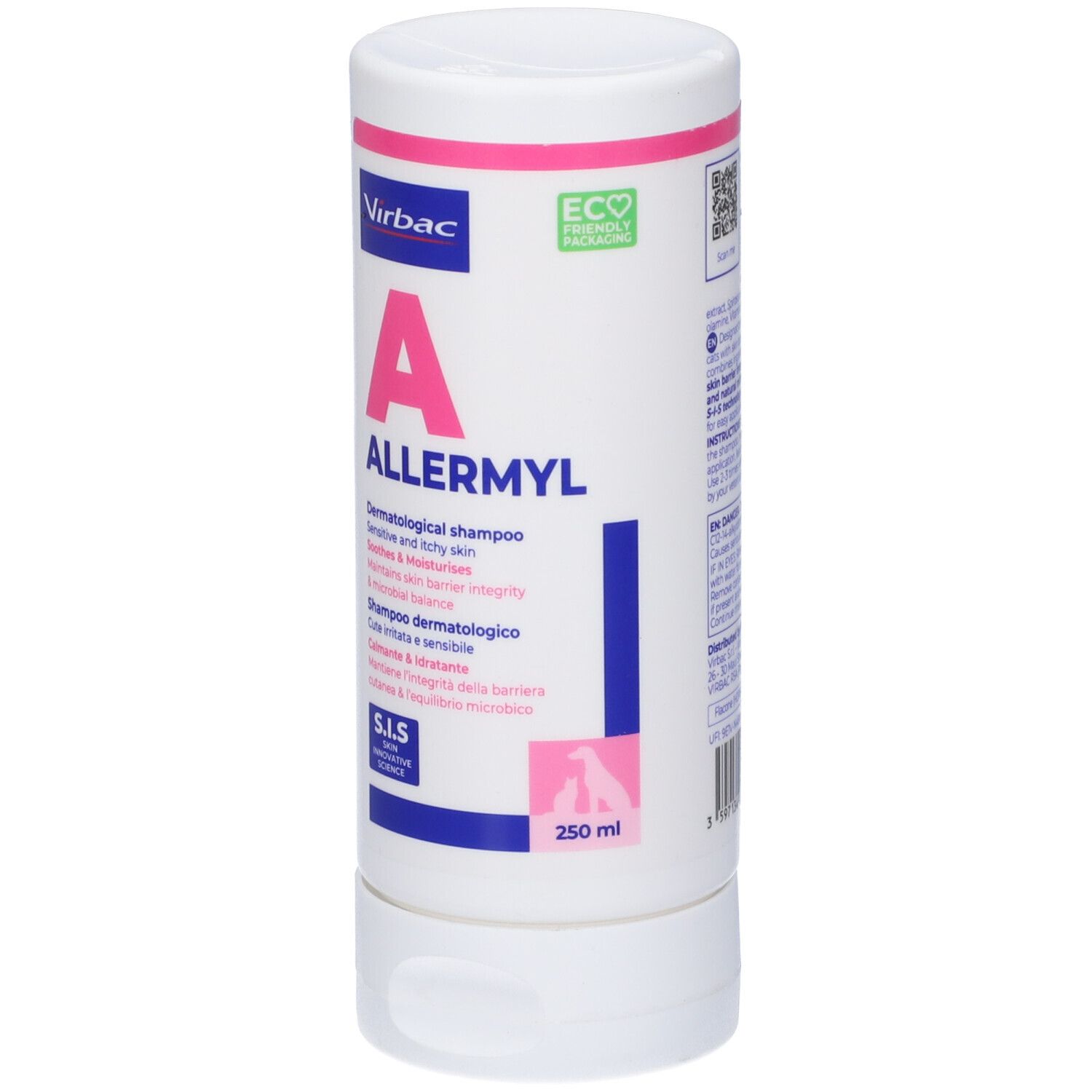 Flacone cilindrico bianco con scritte rosa e blu. Contiene "A ALLERMYL" e "250 ml".