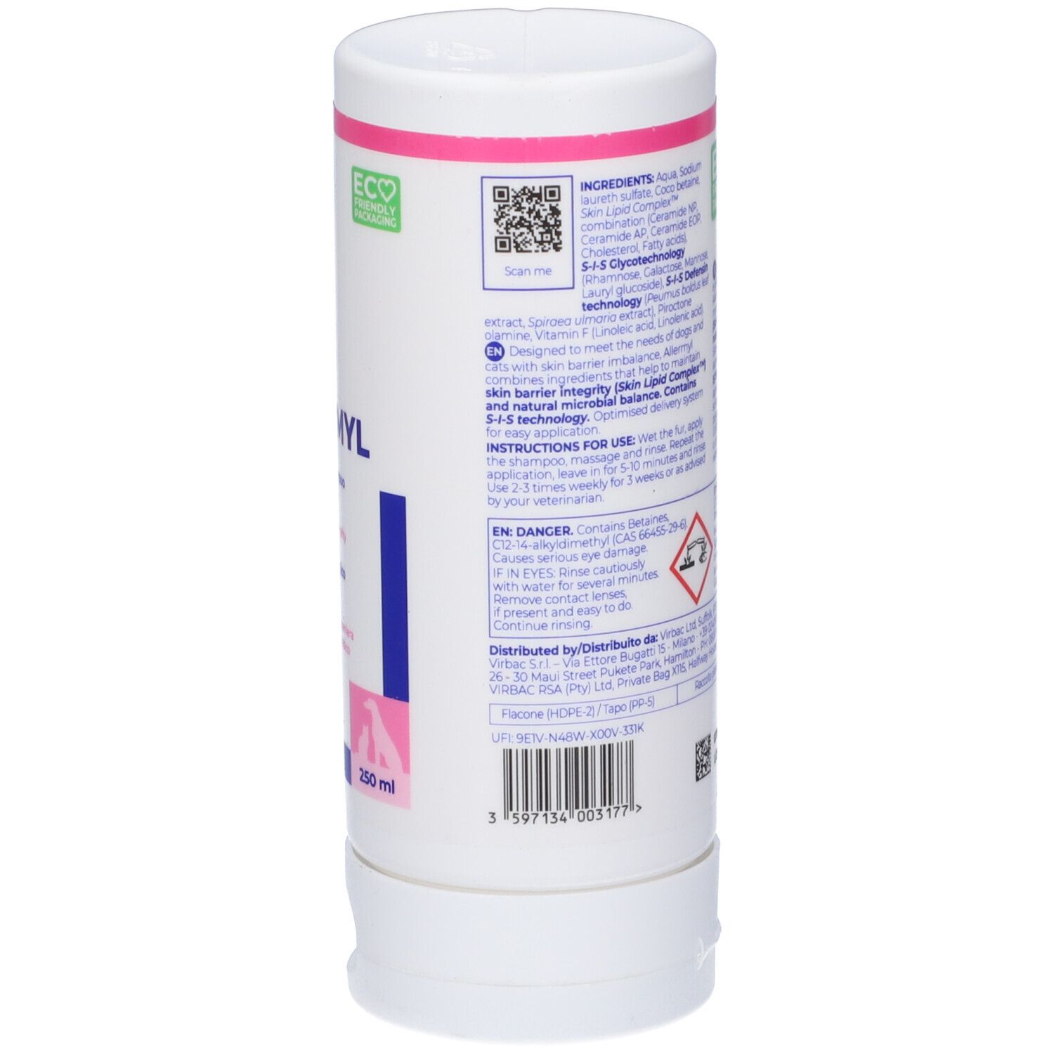 Flacone cilindrico bianco. Retro con testo, loghi e codice a barre. Contiene "Eco Friendly Packaging".