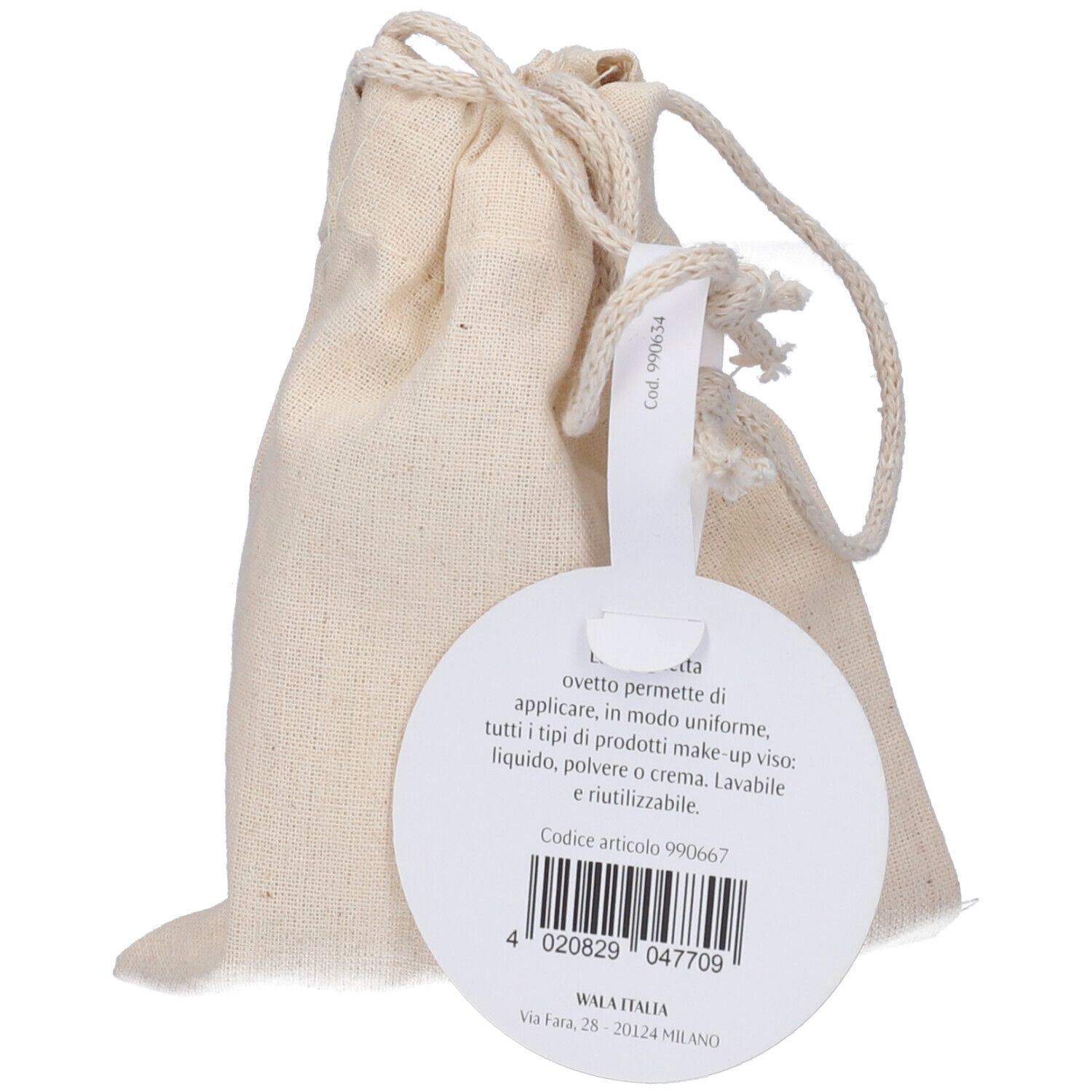 Sacchetto beige in tessuto con coulisse ed etichetta. Etichetta con testo e codice a barre.