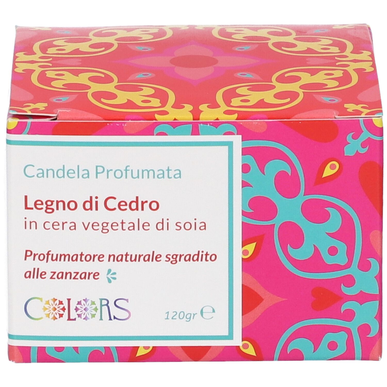 Fronte della confezione di candela profumata in cera di soia, profumo cedro, 120g.