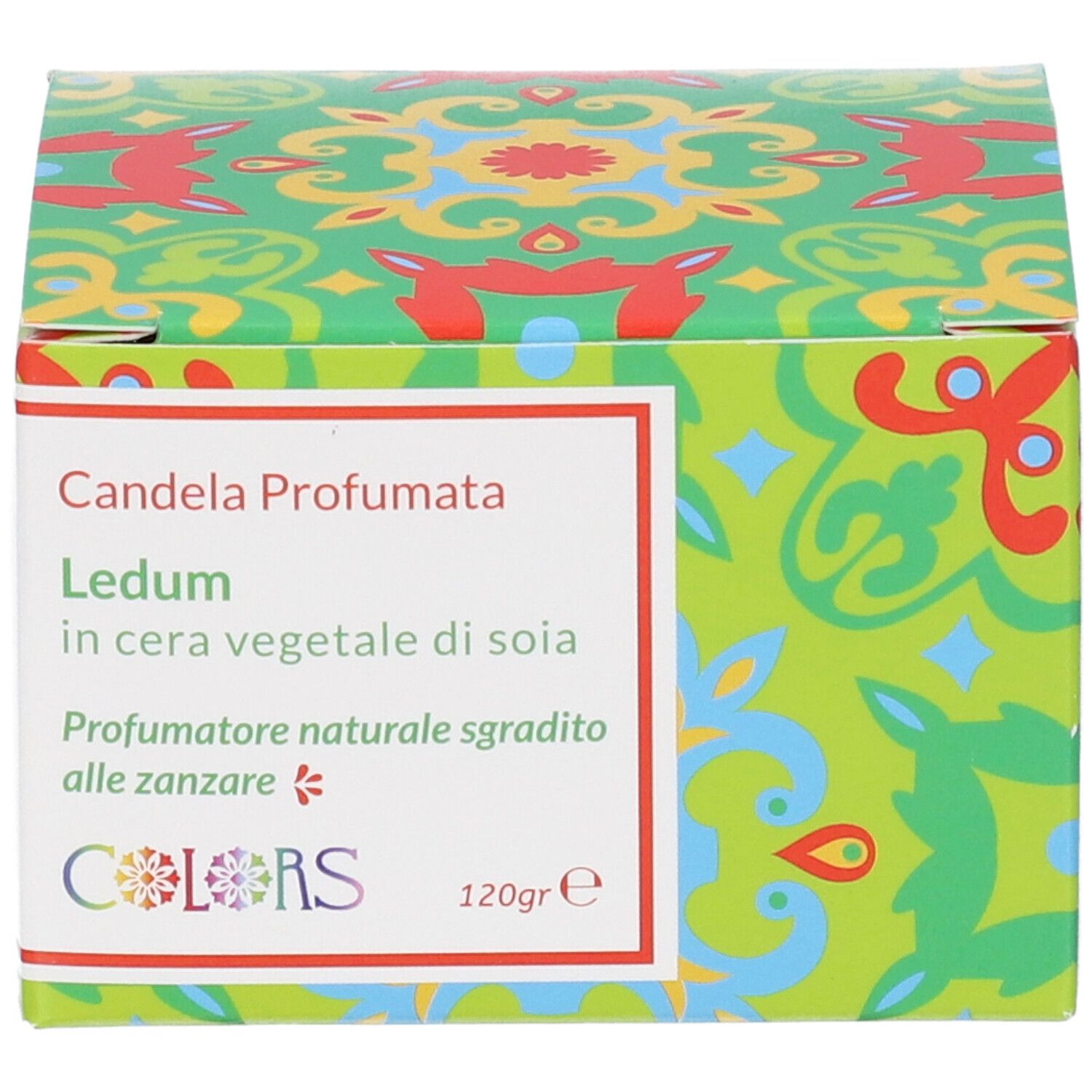 Confezione verde con motivo floreale, etichetta bianca con "Candela Profumata Ledum". Contiene 120g.