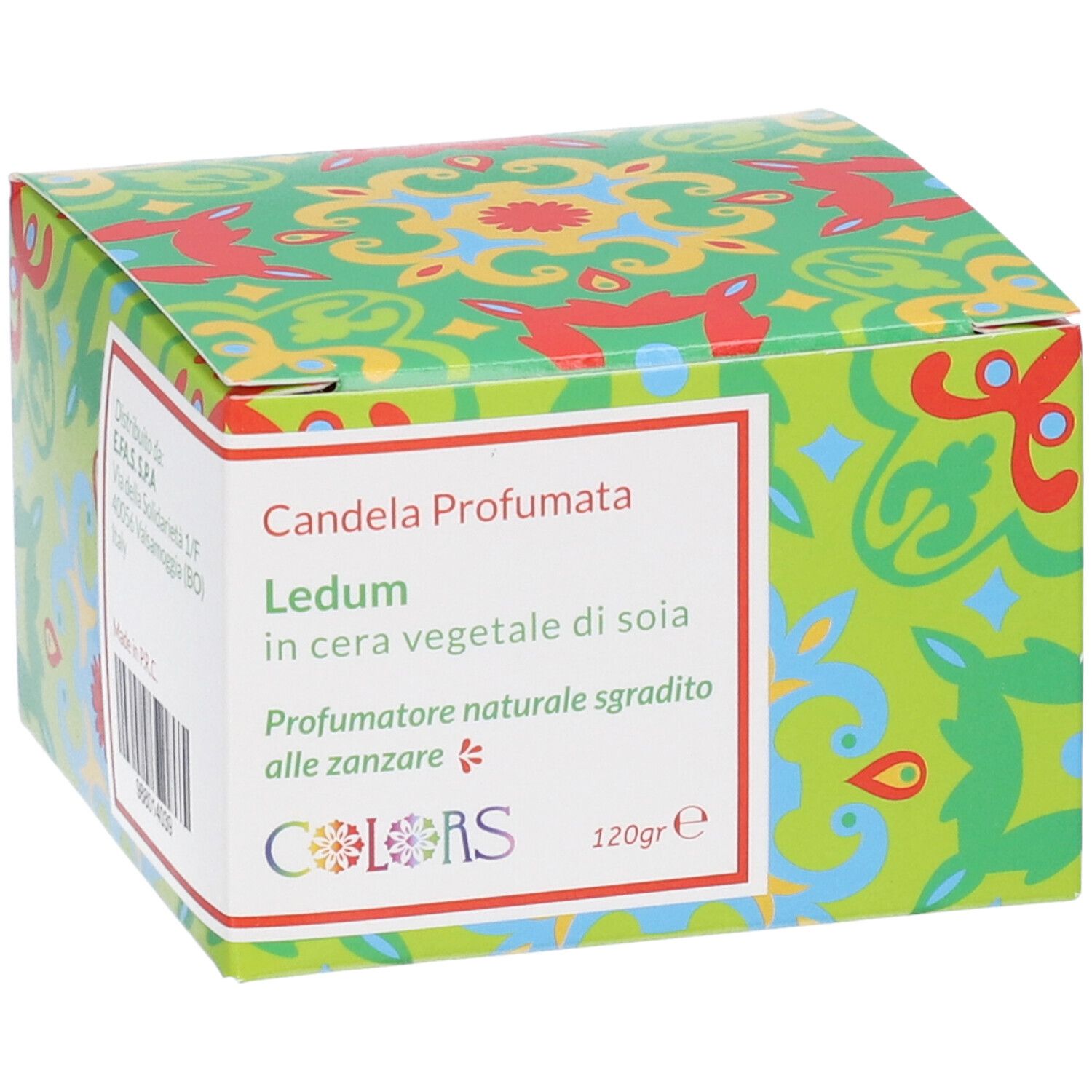 Scatola verde con motivo colorato, contiene candela profumata in cera di soia, 120g.