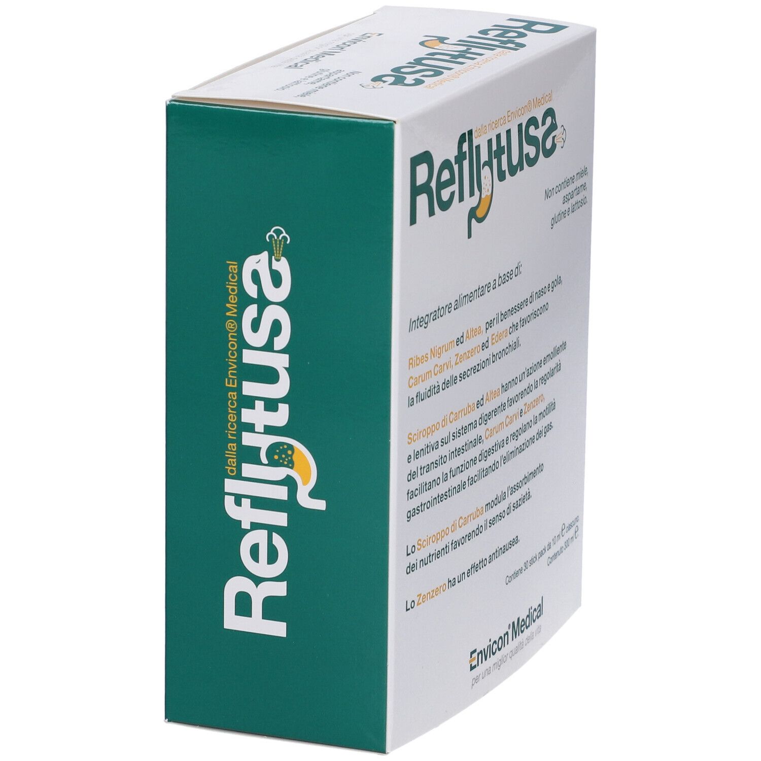 Scatola Reflutuss. Confezione verde e bianca. Testo: Reflutuss, Envicon Medical. Vista laterale.