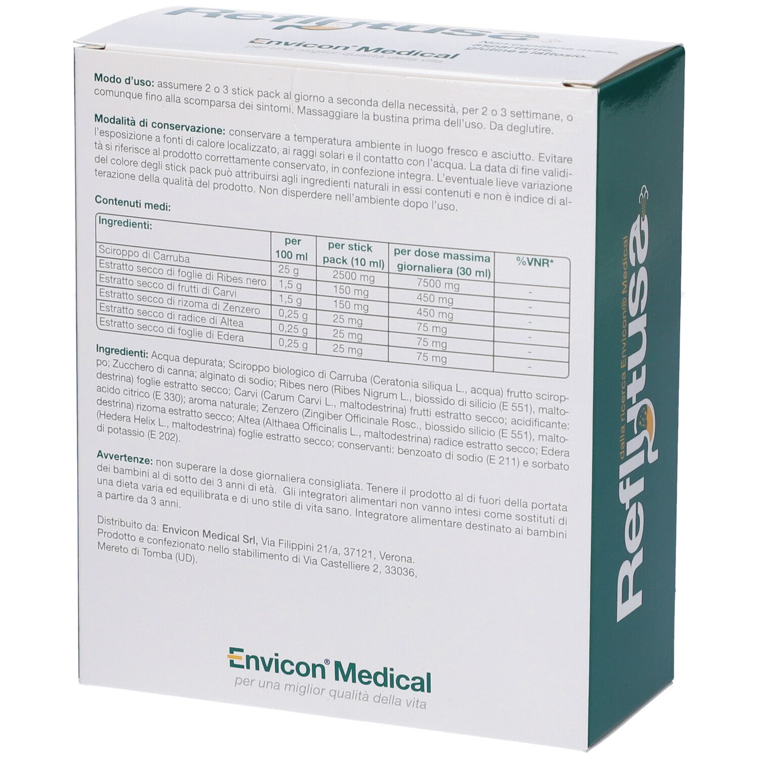 Retro della confezione Reflutuss. Contiene ingredienti, dosaggio e avvertenze. Envicon Medical.