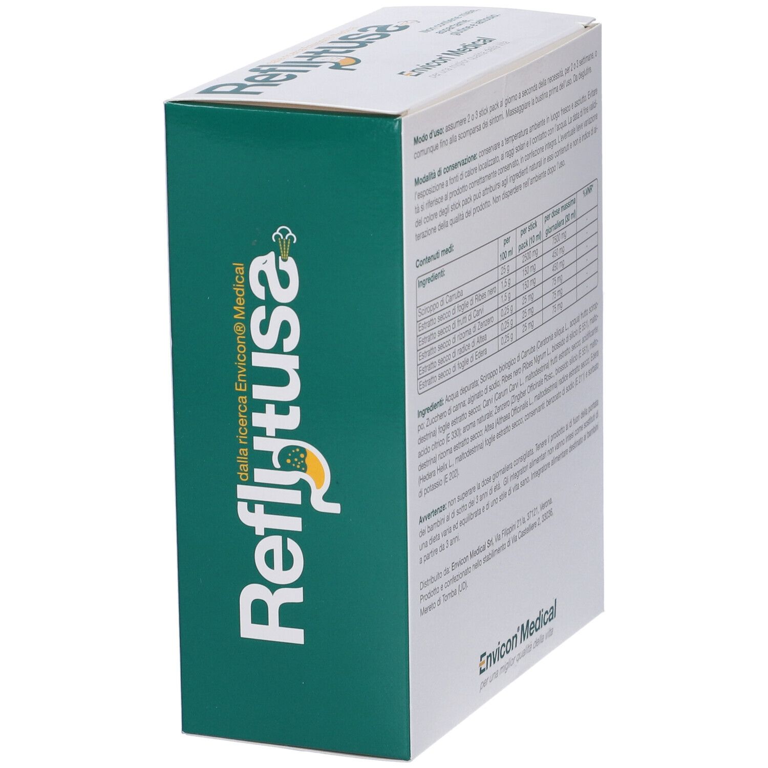 Confezione Reflutuss. Confezione verde e bianca. Testo: Reflutuss, Envicon Medical. Vista obliqua.