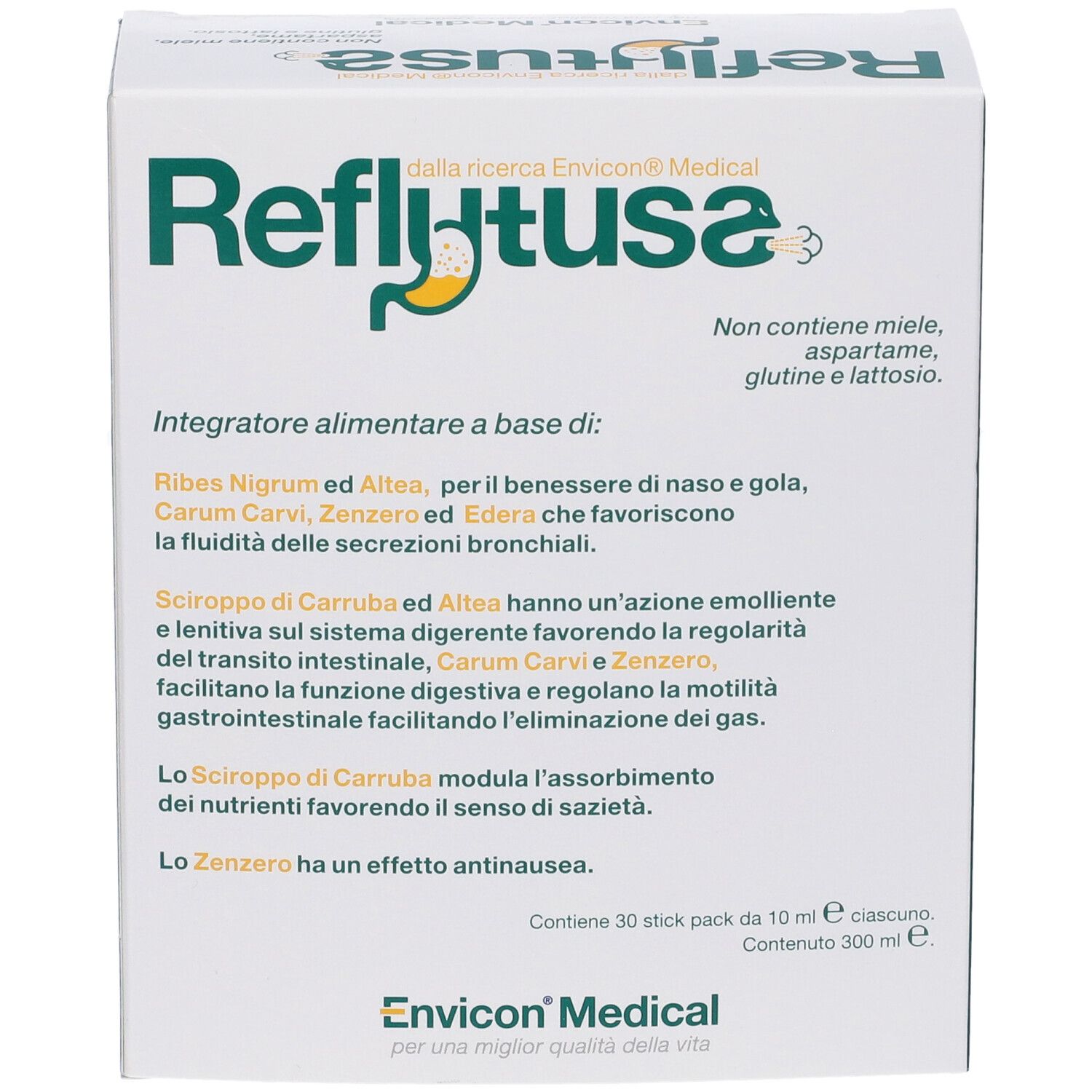 Scatola Reflutuss. Testo: Reflutuss, Envicon Medical. Contiene 30 stick. Informazioni sul prodotto.