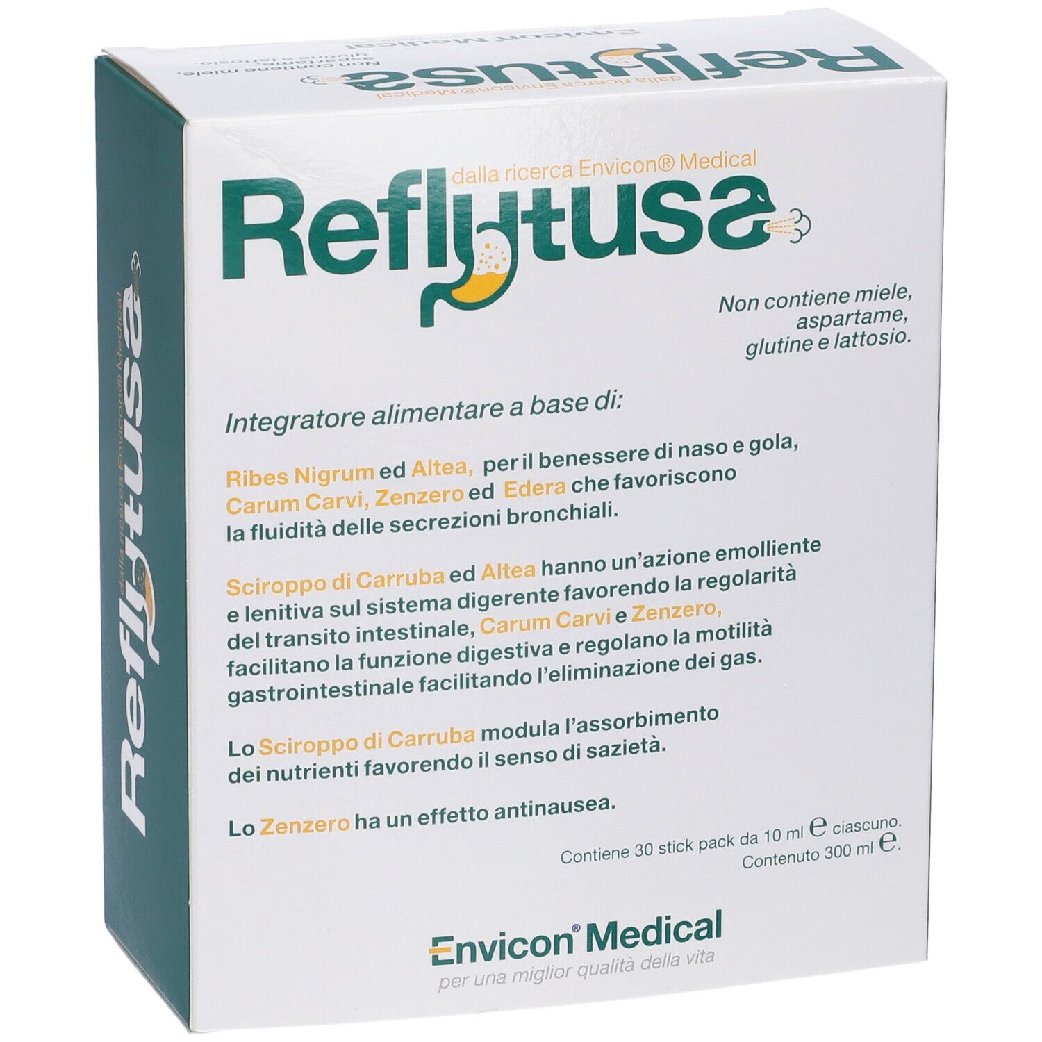 Scatola Reflutuss. Testo: Reflutuss, Envicon Medical. Contiene 30 stick. Informazioni sul prodotto.