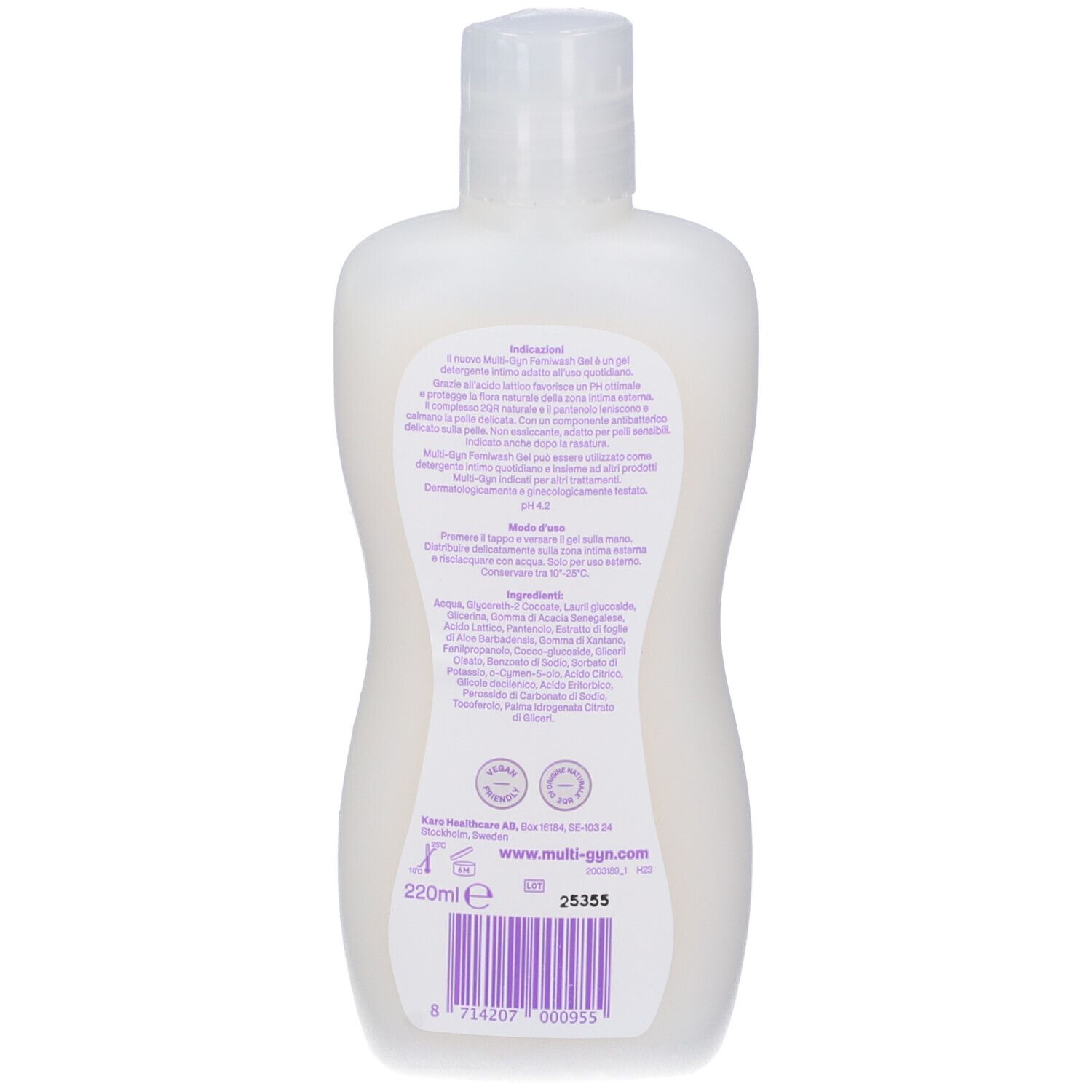 Retro del flacone Multi-Gyn FemiWash Gel. Testo e loghi. In basso: 220 ml e codice a barre.
