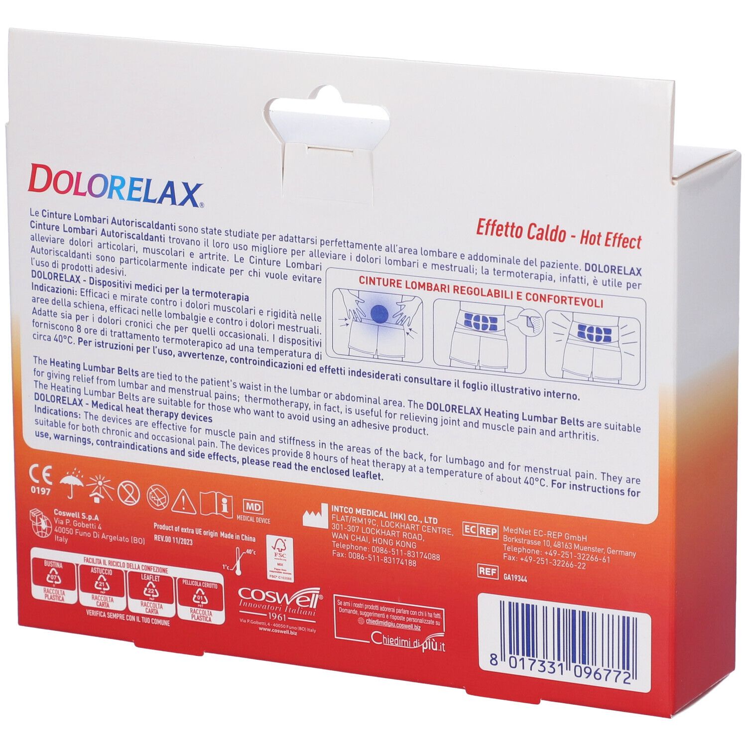 Retro della confezione Dolorelax. Testo in italiano. Informazioni sull'uso e avvertenze. Marchio CE.