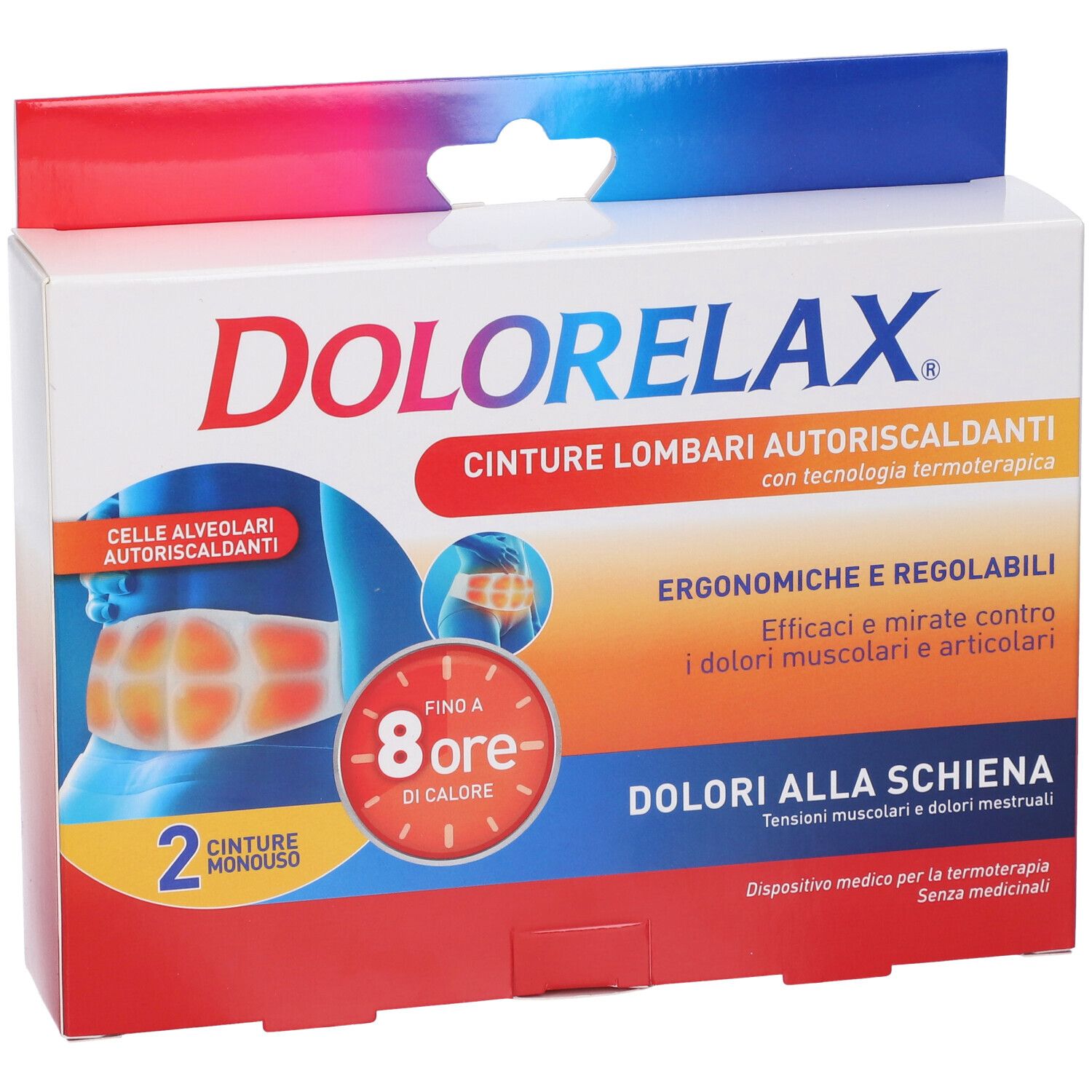 Confezione di Dolorelax, cinture lombari autoriscaldanti. Contiene 2 pezzi. Colori rosso, blu e bianco. Testo: '8 ore di calore'.