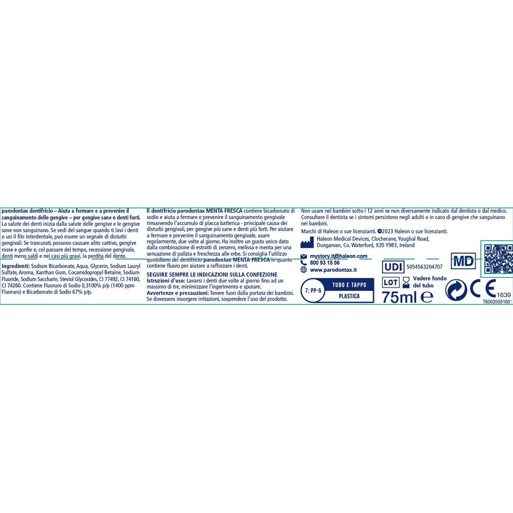 Testo su un tubetto di dentifricio. Informazioni su ingredienti, produttore e certificazioni.