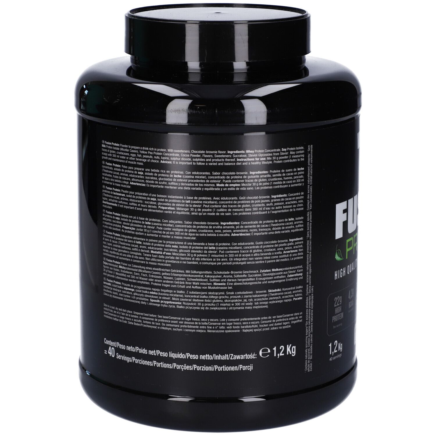 Retro del barattolo nero Weider Fusion Protein. Testo multilingue. Contiene 1,2 kg di proteine. 40 porzioni.