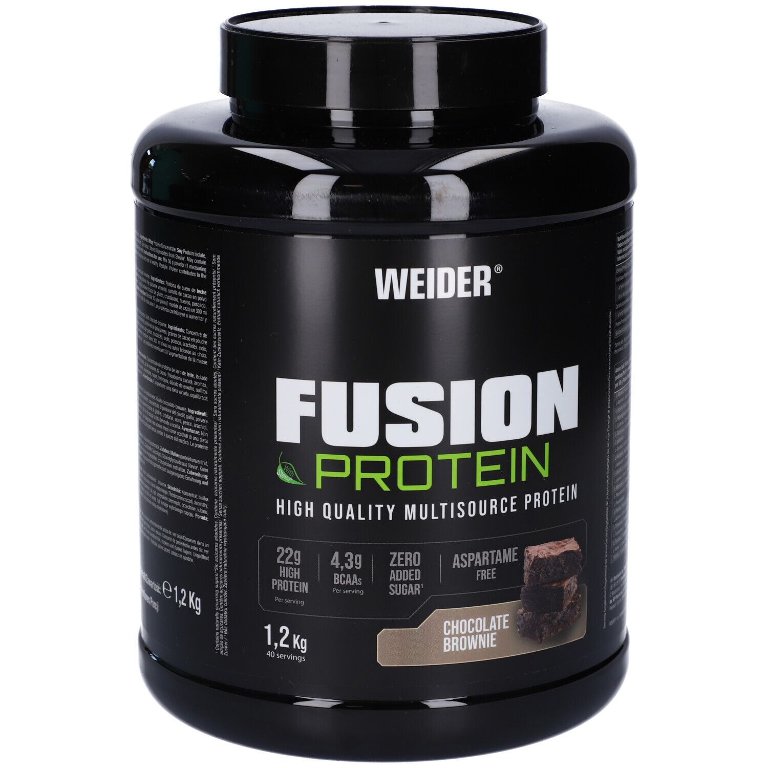 Barattolo nero Weider Fusion Protein, gusto cioccolato brownie. Contiene 1,2 kg di proteine. Scritta: 22g proteine, 4,3g BCAA, senza zucchero, senza aspartame.