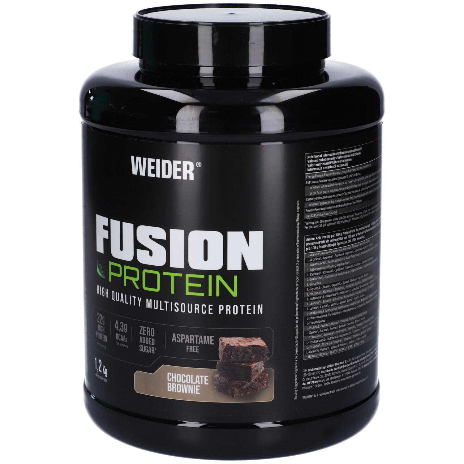 Barattolo nero Weider Fusion Protein, gusto cioccolato brownie. Contiene 1,2 kg di proteine. Scritta: 22g proteine, 4,3g BCAA, senza zucchero, senza aspartame.