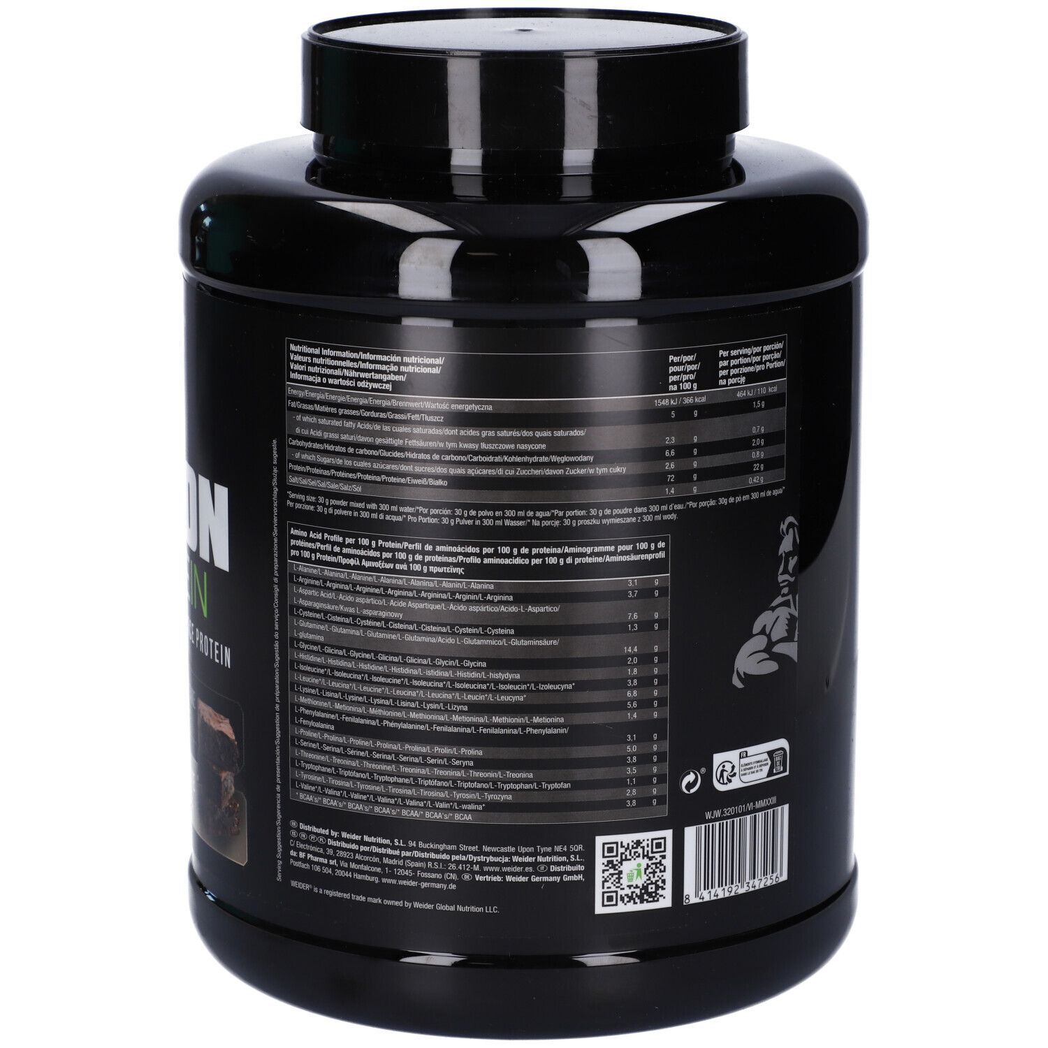 Retro del barattolo nero Weider Fusion Protein. Testo multilingue. Contiene 1,2 kg di proteine. 40 porzioni.