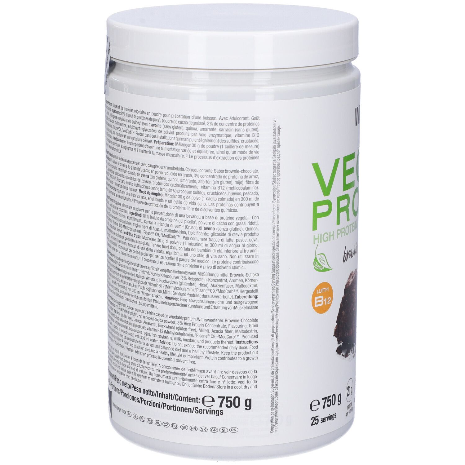 Retro del barattolo Weider Vegan Protein. Testo sul barattolo. Contiene informazioni sugli ingredienti e il valore nutrizionale.