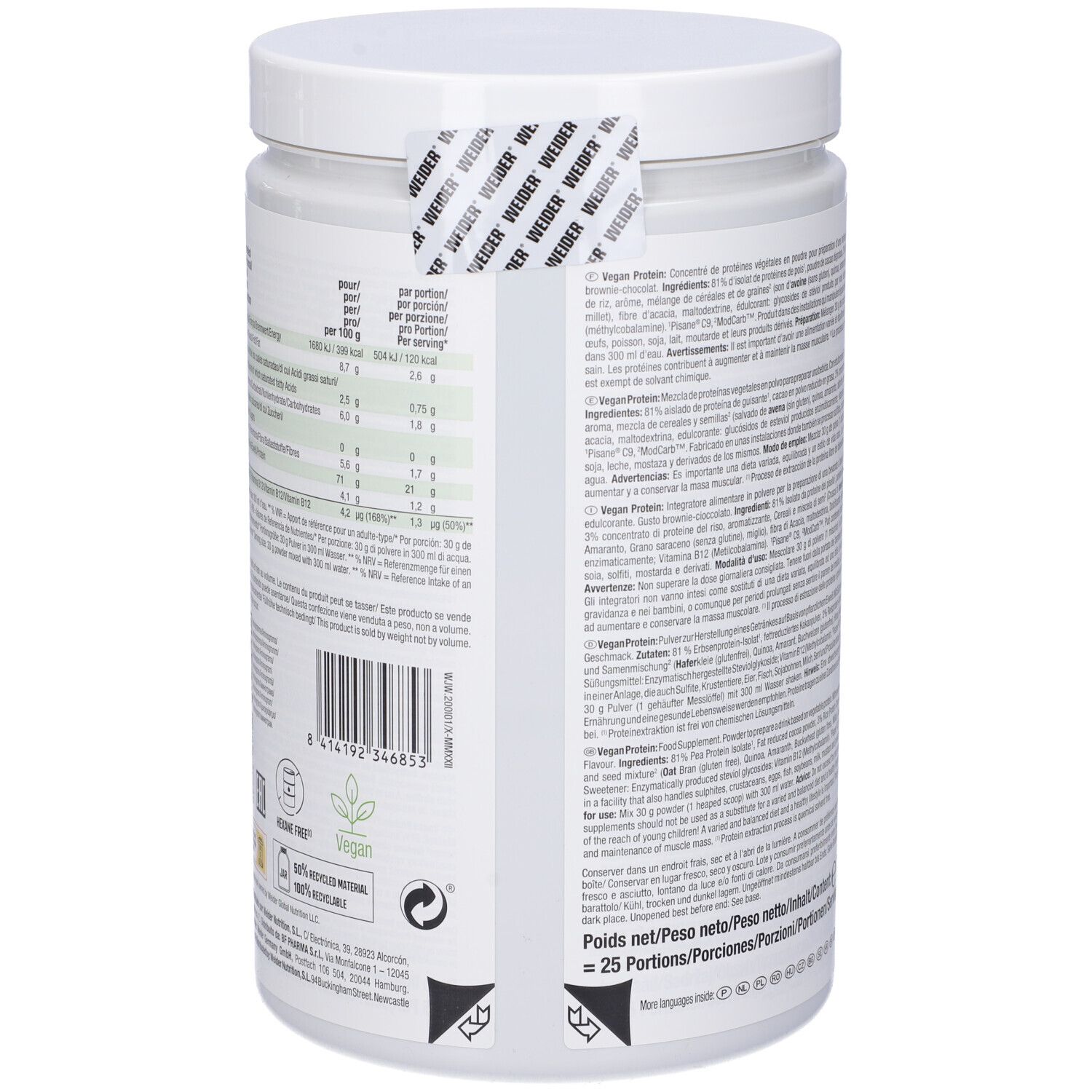 Barattolo Weider Vegan Protein, dettaglio. Sigillo sul coperchio. Contiene informazioni sugli ingredienti e il valore nutrizionale.