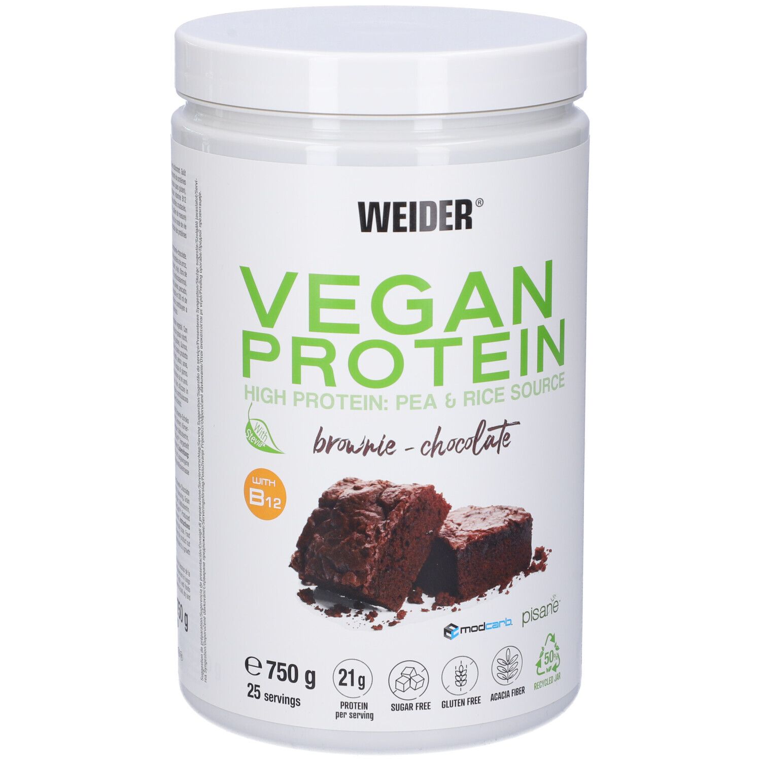 Weider Vegan Protein, barattolo. Gusto brownie-cioccolato. Contiene vitamina B12. Barattolo da 750g.