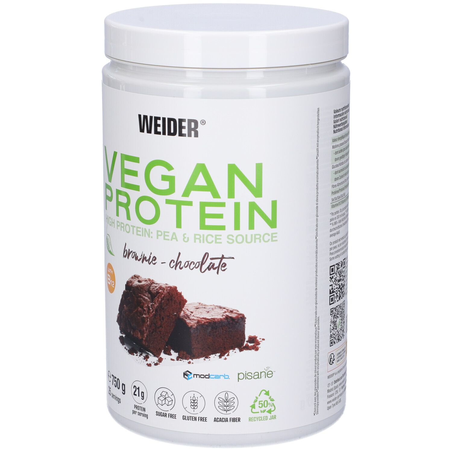 Weider Vegan Protein, barattolo. Gusto brownie-cioccolato. Contiene vitamina B12. Barattolo da 750g.