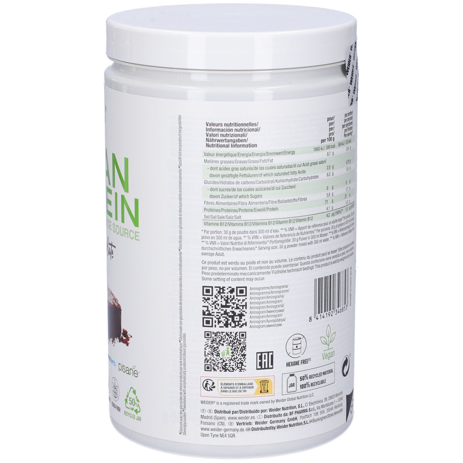 Retro del barattolo Weider Vegan Protein. Testo sul barattolo. Contiene informazioni sugli ingredienti e il valore nutrizionale.