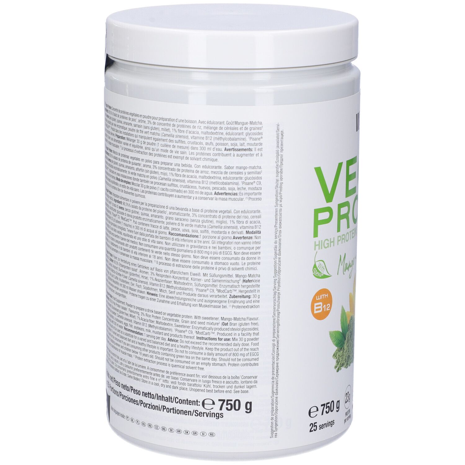 Retro del barattolo di Weider Vegan Protein. Testo in più lingue. Informazioni sugli ingredienti e sul valore nutrizionale. 750 g.