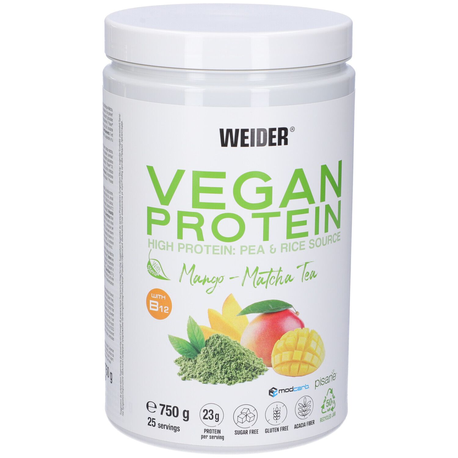 Barattolo di Weider Vegan Protein. Scritta: Vegan Protein, Mango-Matcha Tea. Immagine di mango, tè matcha e vitamina B12. 750 g.